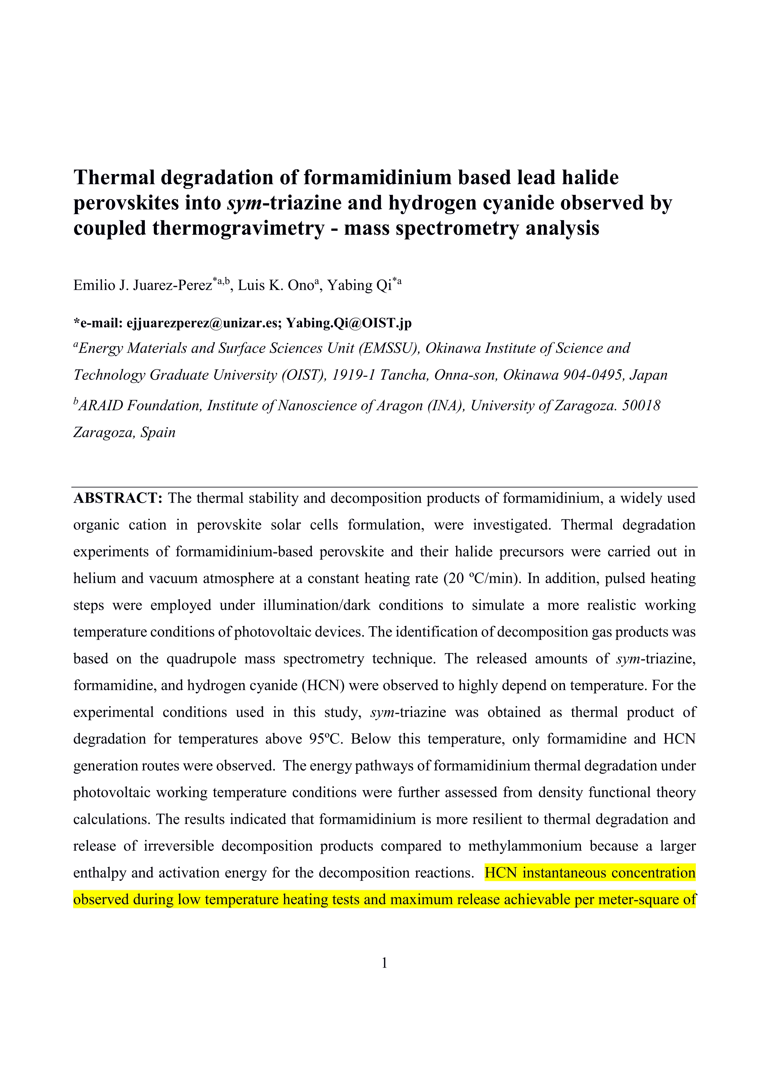 Thermal degradation of formamidinium based lead halide perovskites into sym-triazine and hydrogen cyanide observed by coupled thermogravimetry-mass spectrometry analysis