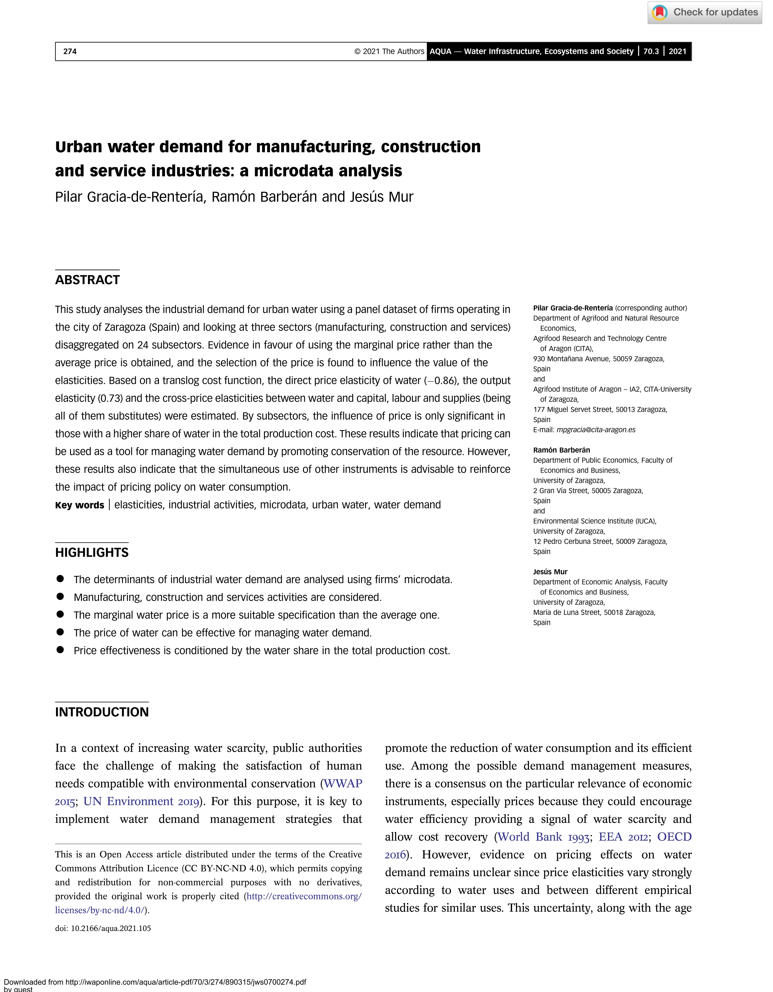 Urban water demand for manufacturing, construction and service industries: A microdata analysis