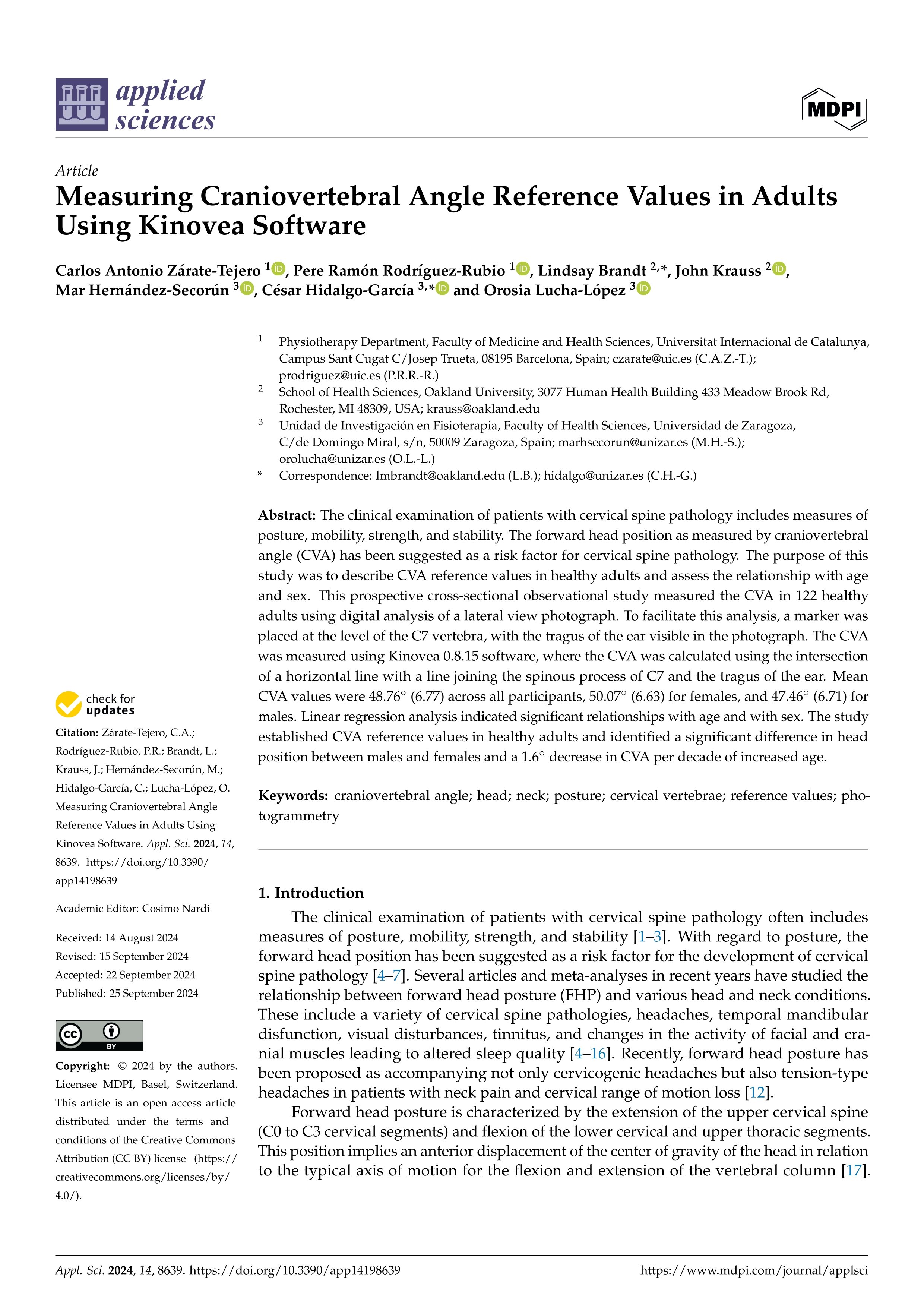 Measuring Craniovertebral Angle Reference Values in Adults Using Kinovea Software