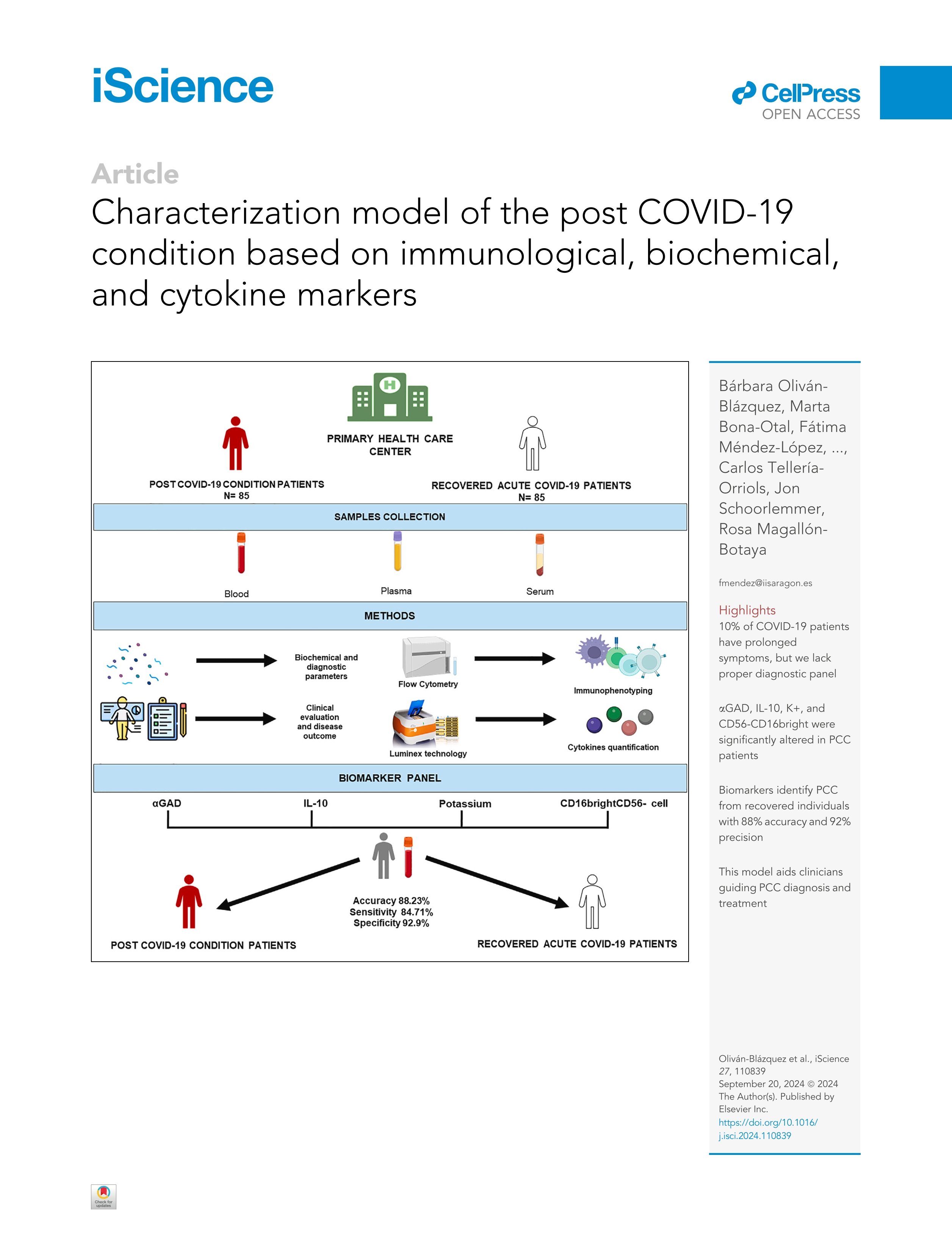 Characterization model of the post COVID-19 condition based on immunological, biochemical, and cytokine markers