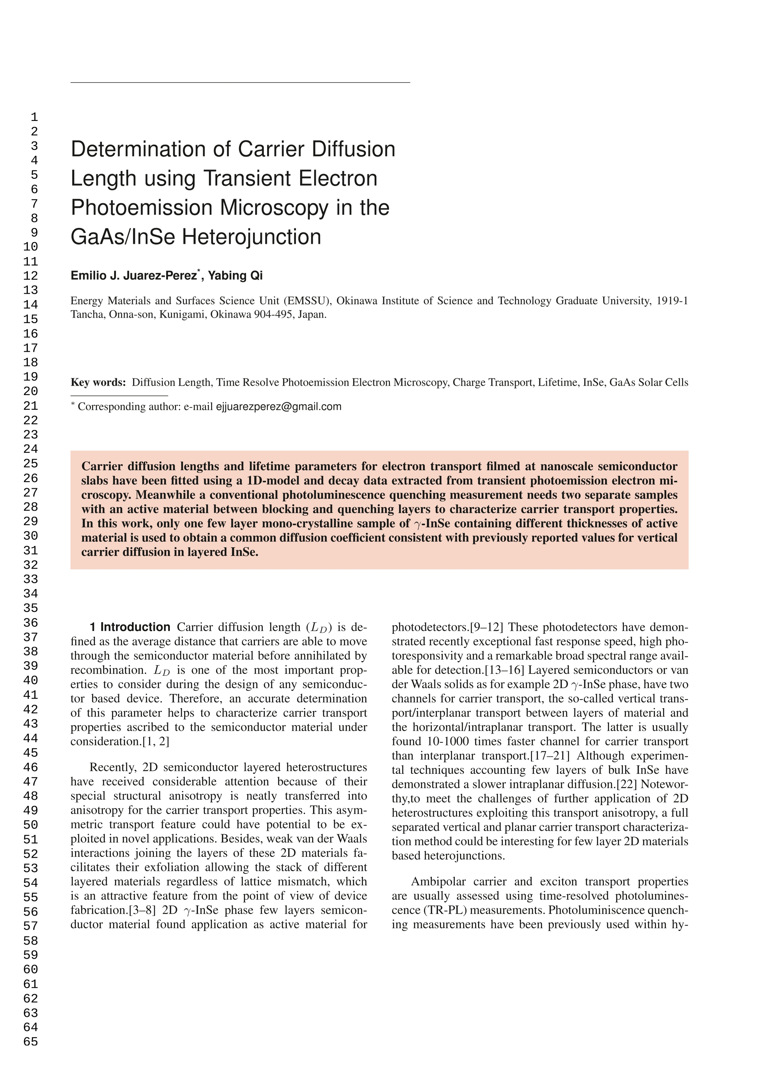 Determination of Carrier Diffusion Length Using Transient Electron Photoemission Microscopy in the GaAs/InSe Heterojunction