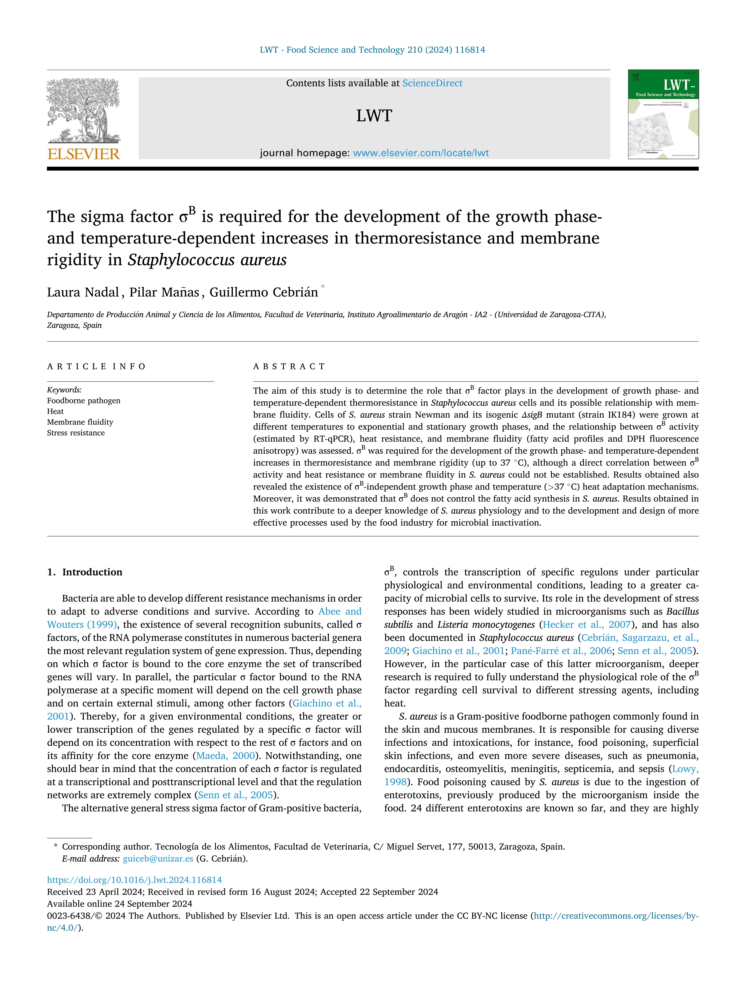 The sigma factor sB is required for the development of the growth phase- and temperature-dependent increases in thermoresistance and membrane rigidity in Staphylococcus aureus