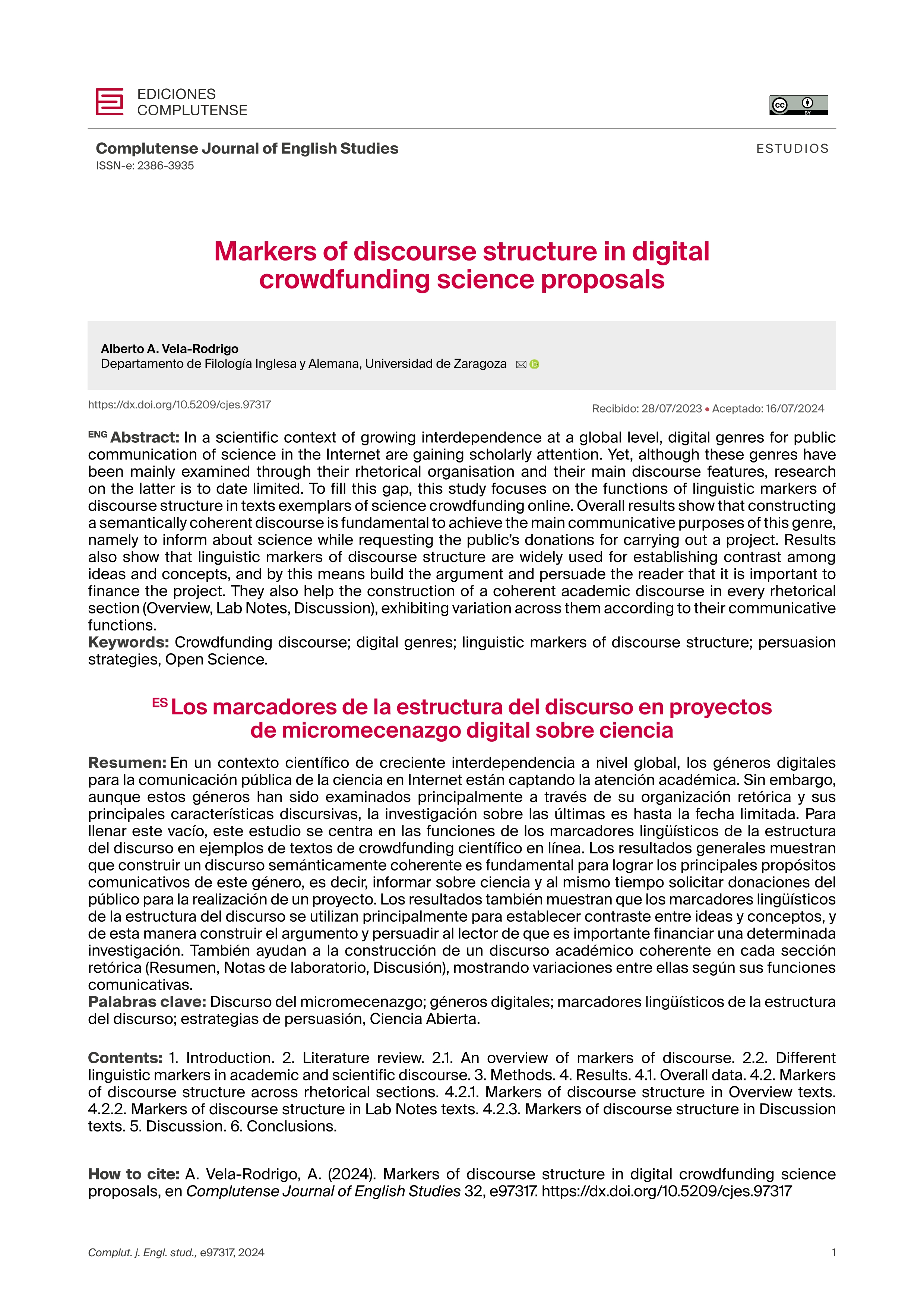 Markers of discourse structure in digital crowdfunding science proposals