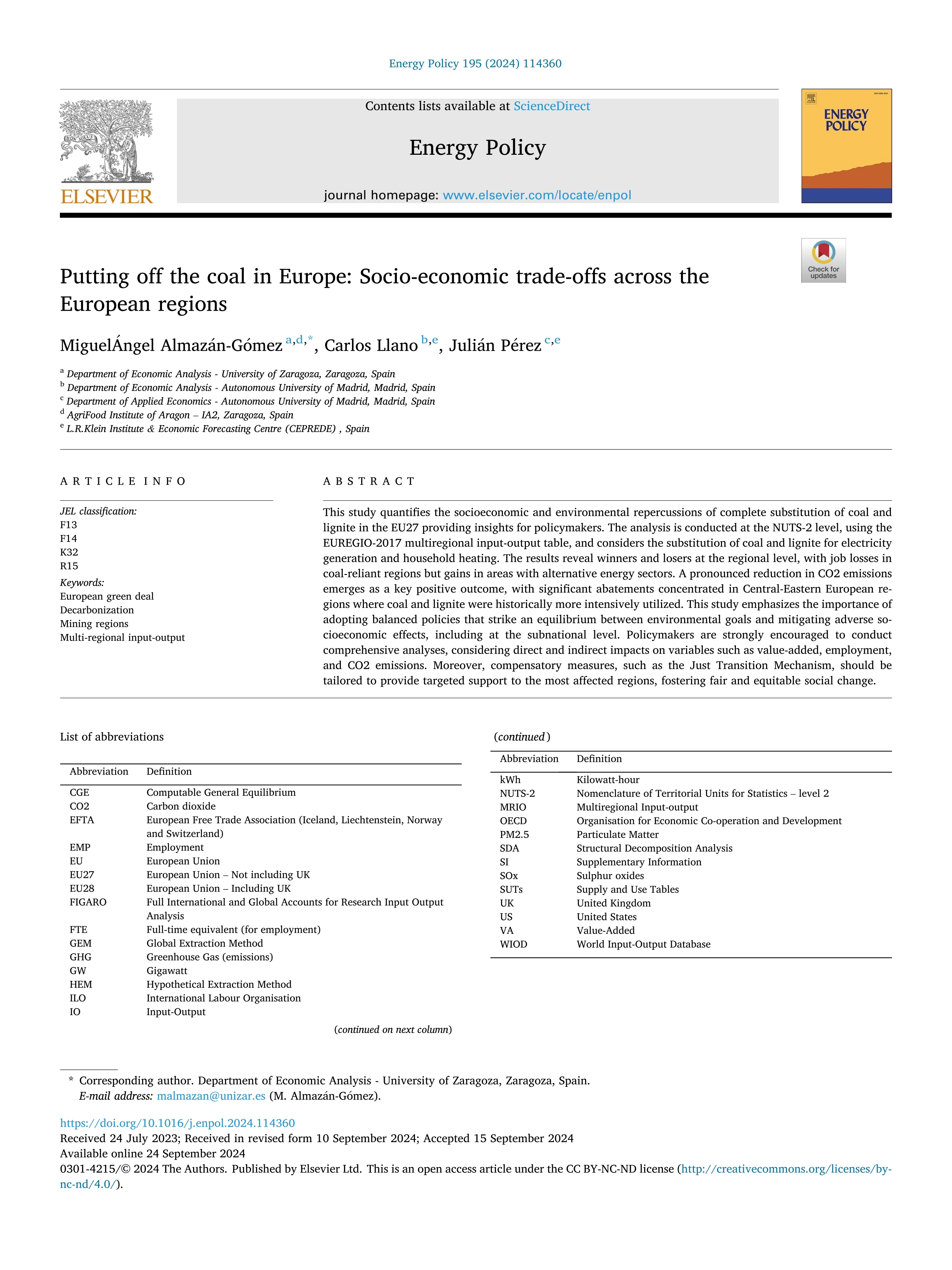 Putting off the coal in Europe: Socio-economic trade-offs across the European regions