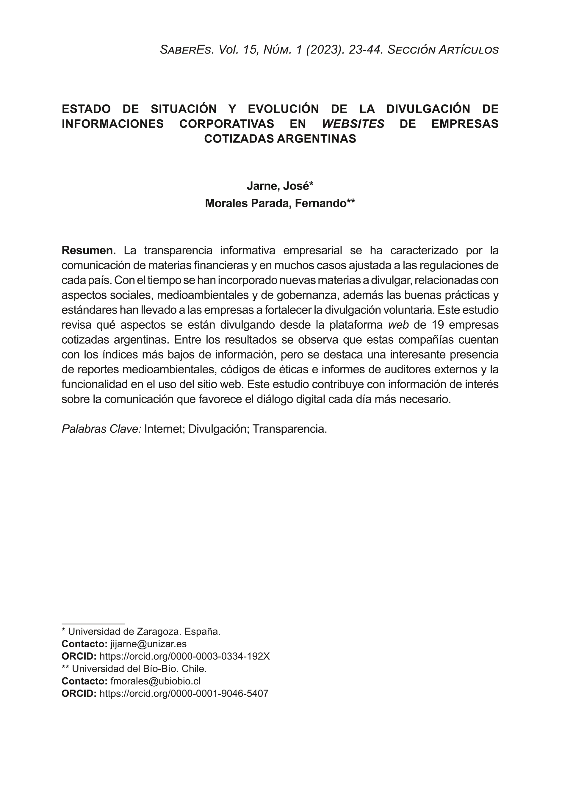 Estado de situación y evolución de la divulgación de informaciones corporativas en websites de empresas cotizadas argentinas