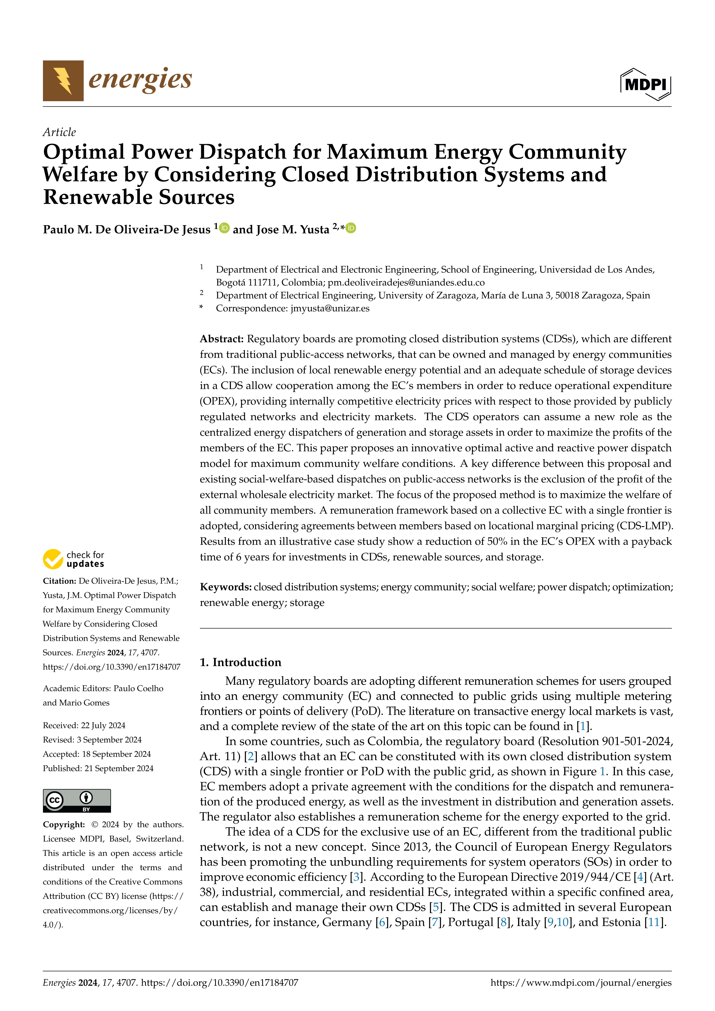 Optimal power dispatch for maximum energy community welfare by considering closed distribution systems and renewable sources