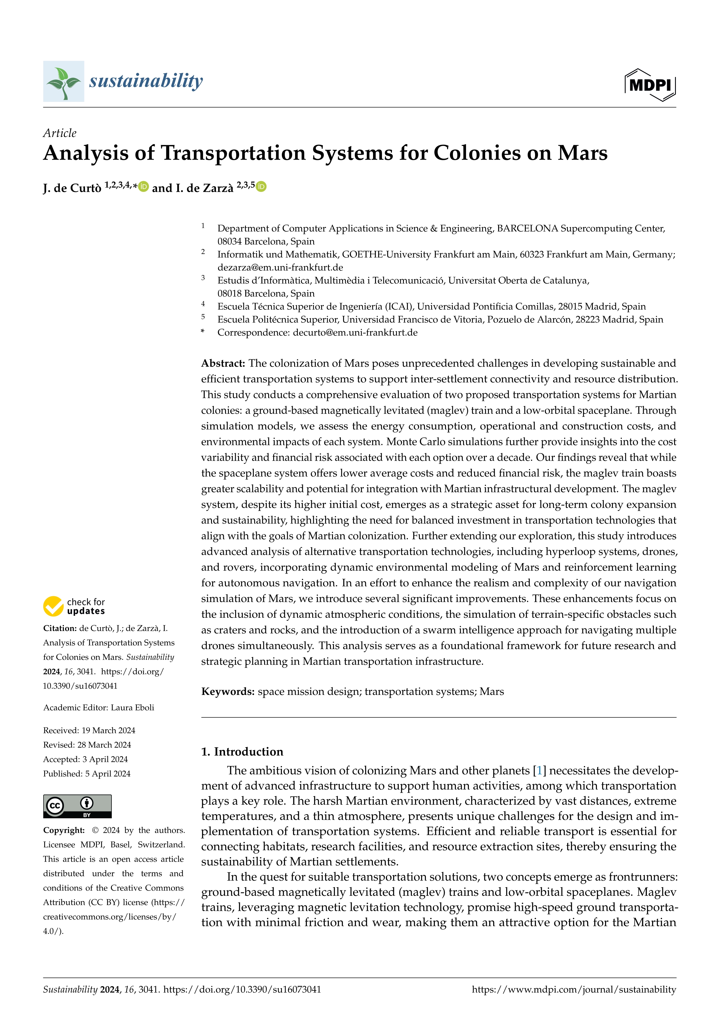 Analysis of Transportation Systems for Colonies on Mars