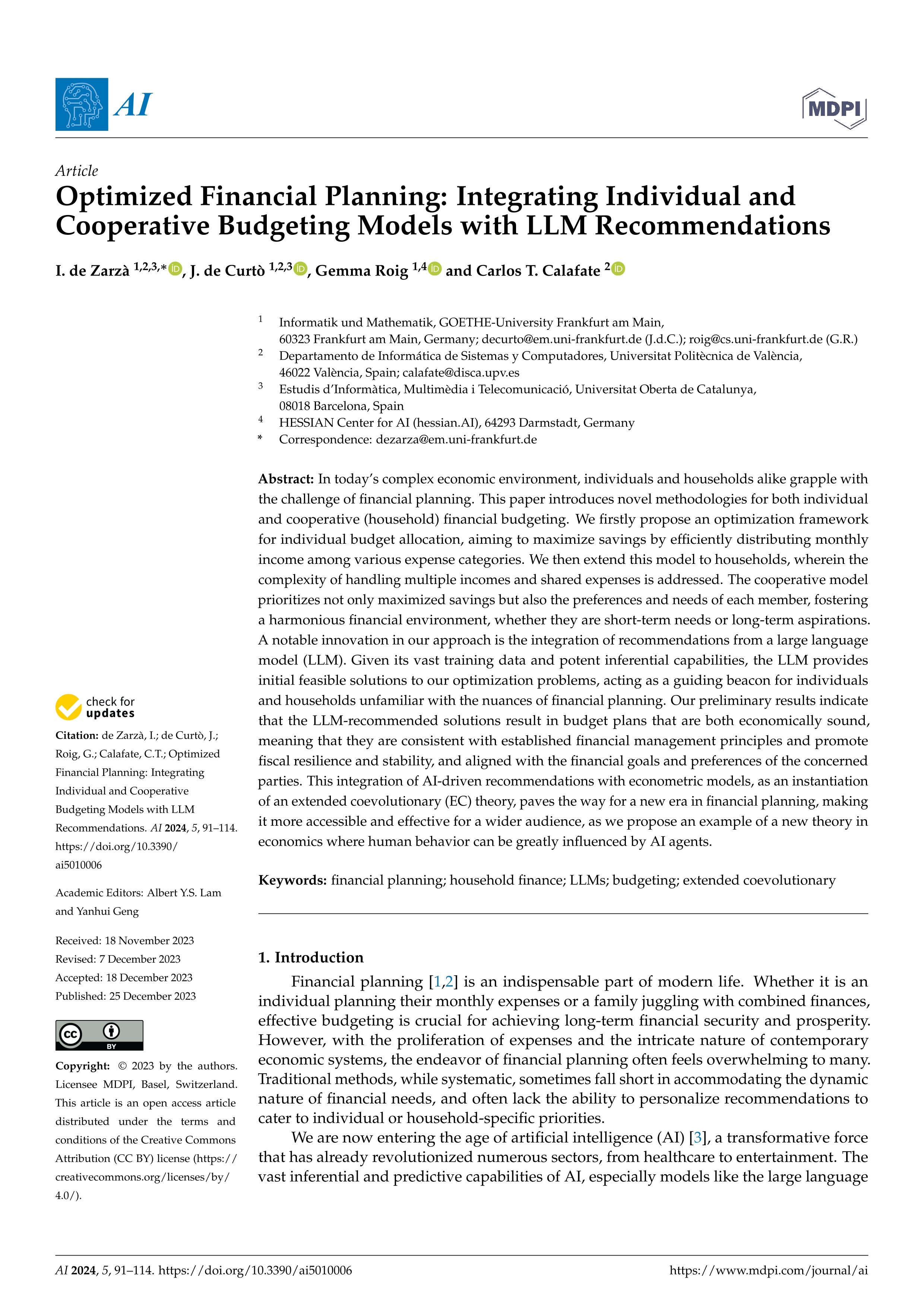 Optimized Financial Planning: Integrating Individual and Cooperative Budgeting Models with LLM Recommendations