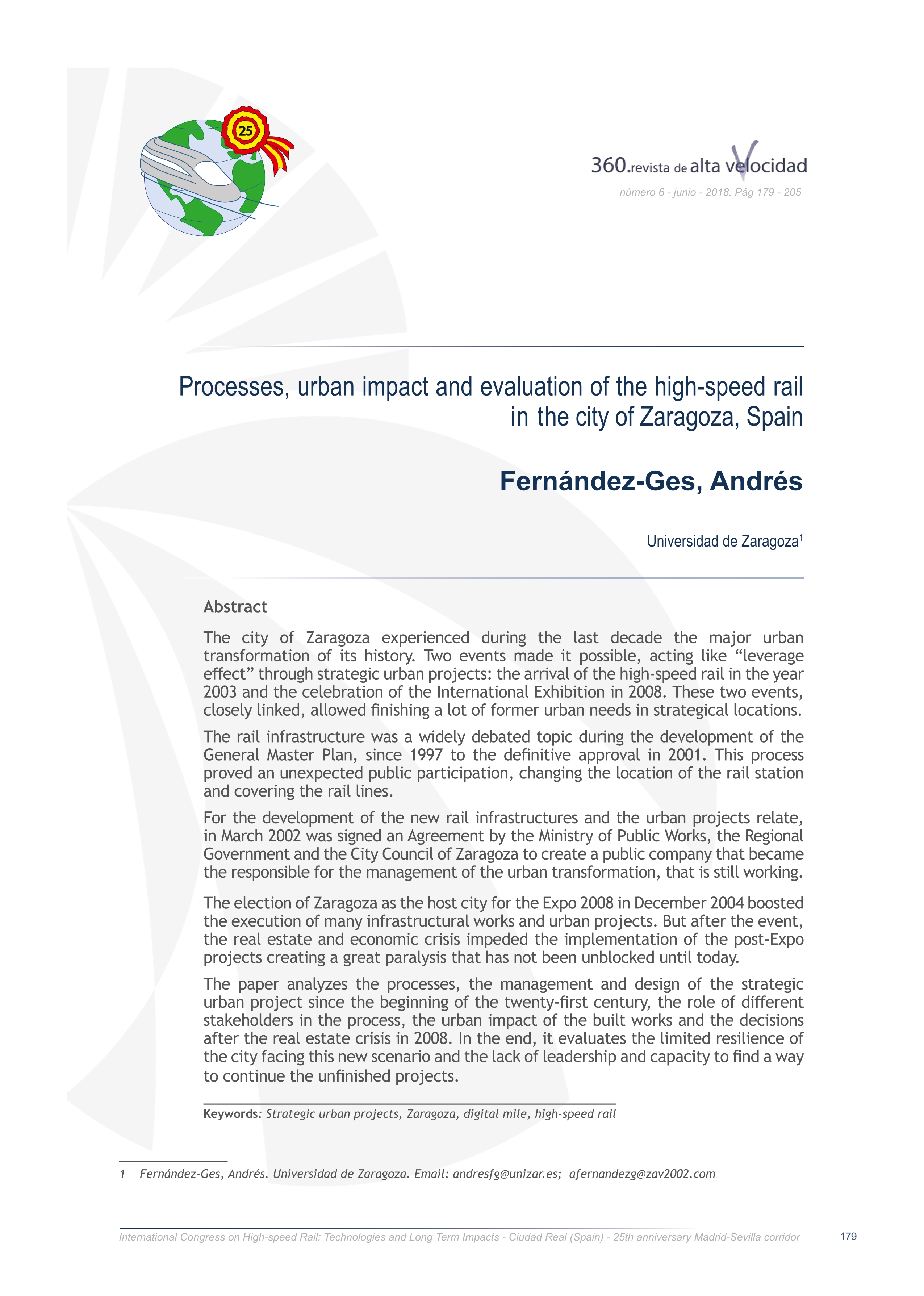 Processes, impact and evaluation of high-speed rail in the city of Zaragoza, Spain