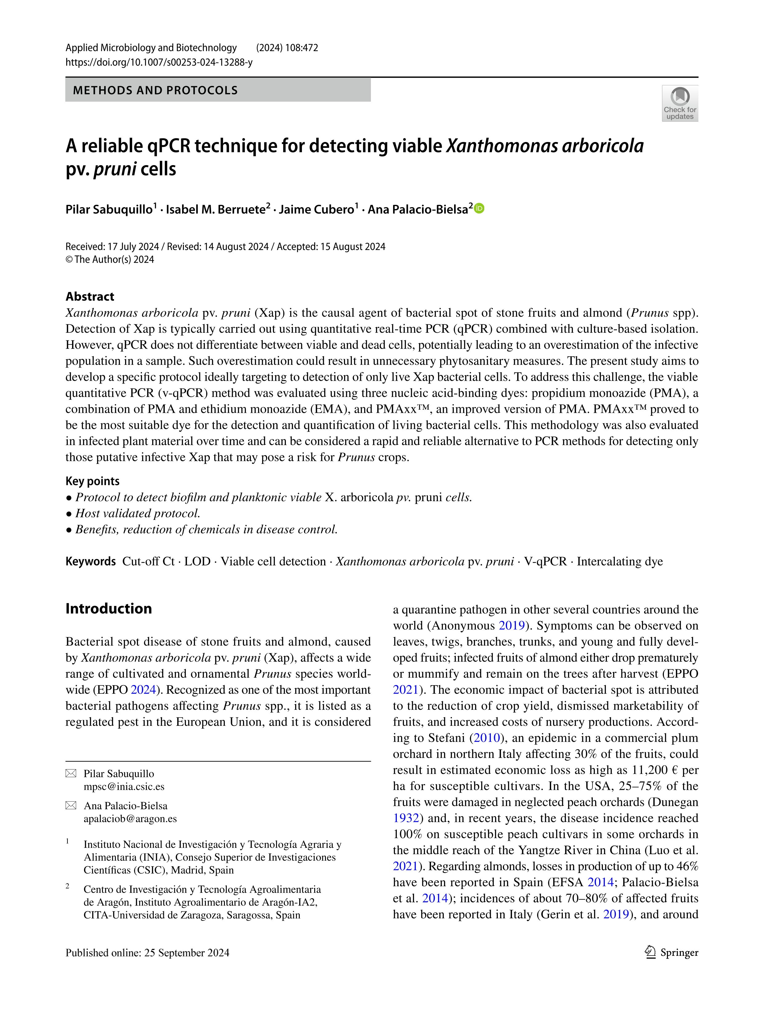 A reliable qPCR technique for detecting viable Xanthomonas arboricola pv. pruni cells