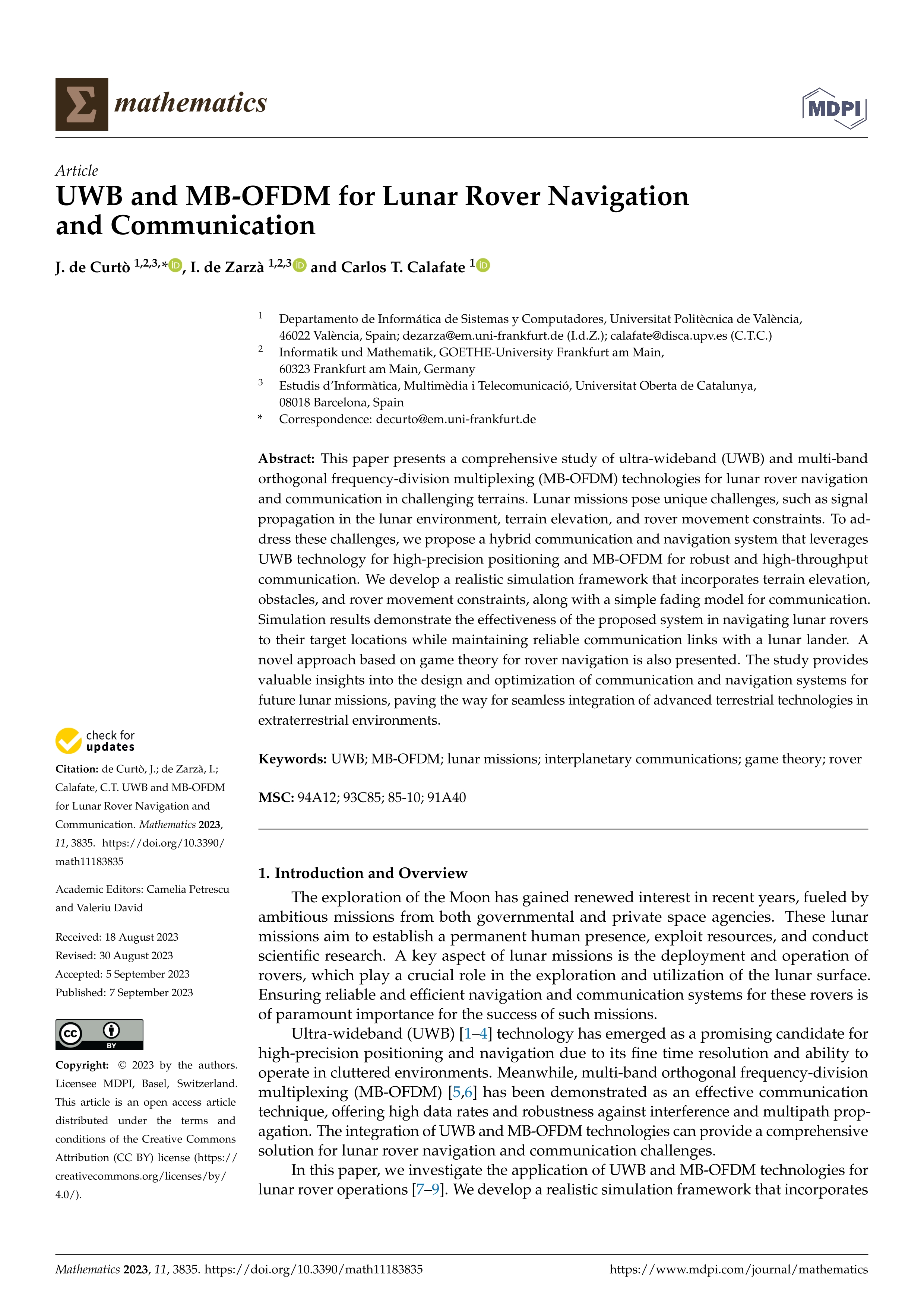 UWB and MB-OFDM for Lunar Rover Navigation and Communication