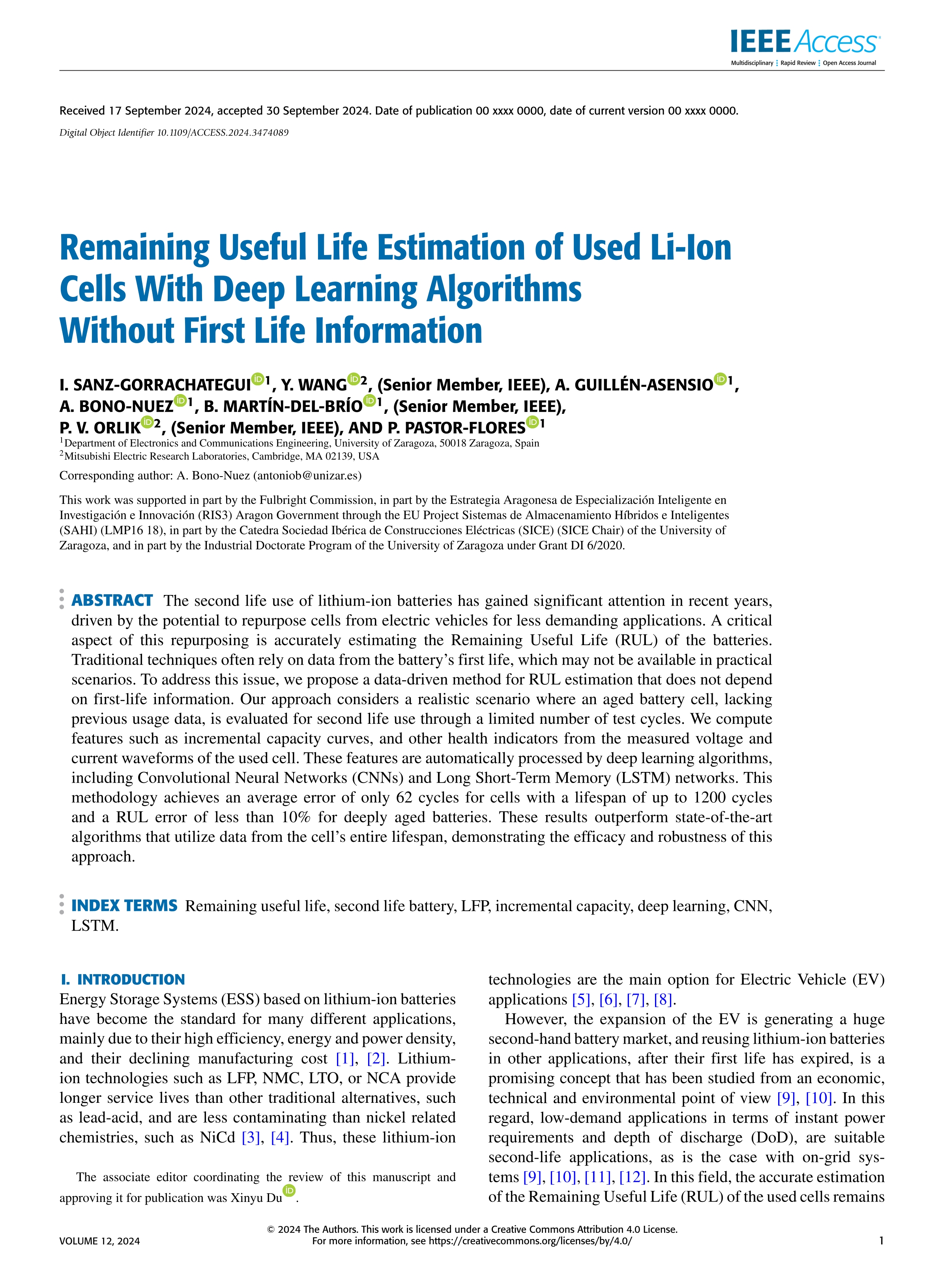 Remaining useful life estimation of used li-ion cells with deep learning algorithms without first life information