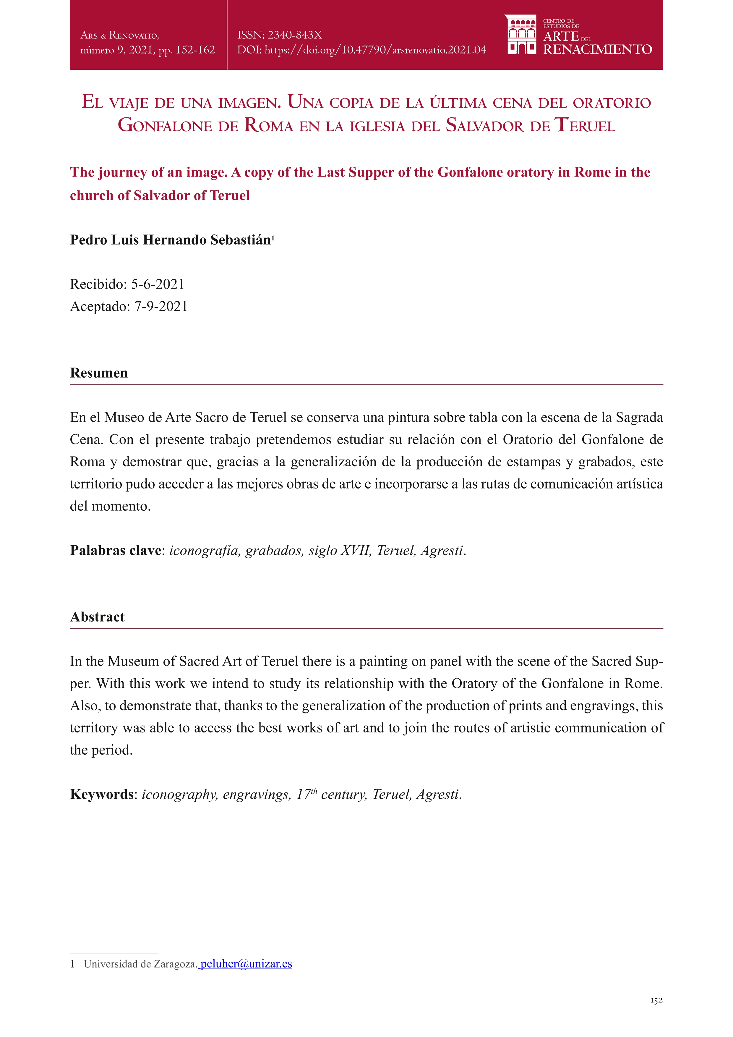 El viaje de una imagen. Una copia de la última cena del Oratorio Gonfalone de Roma en la iglesia del Salvador de Teruel