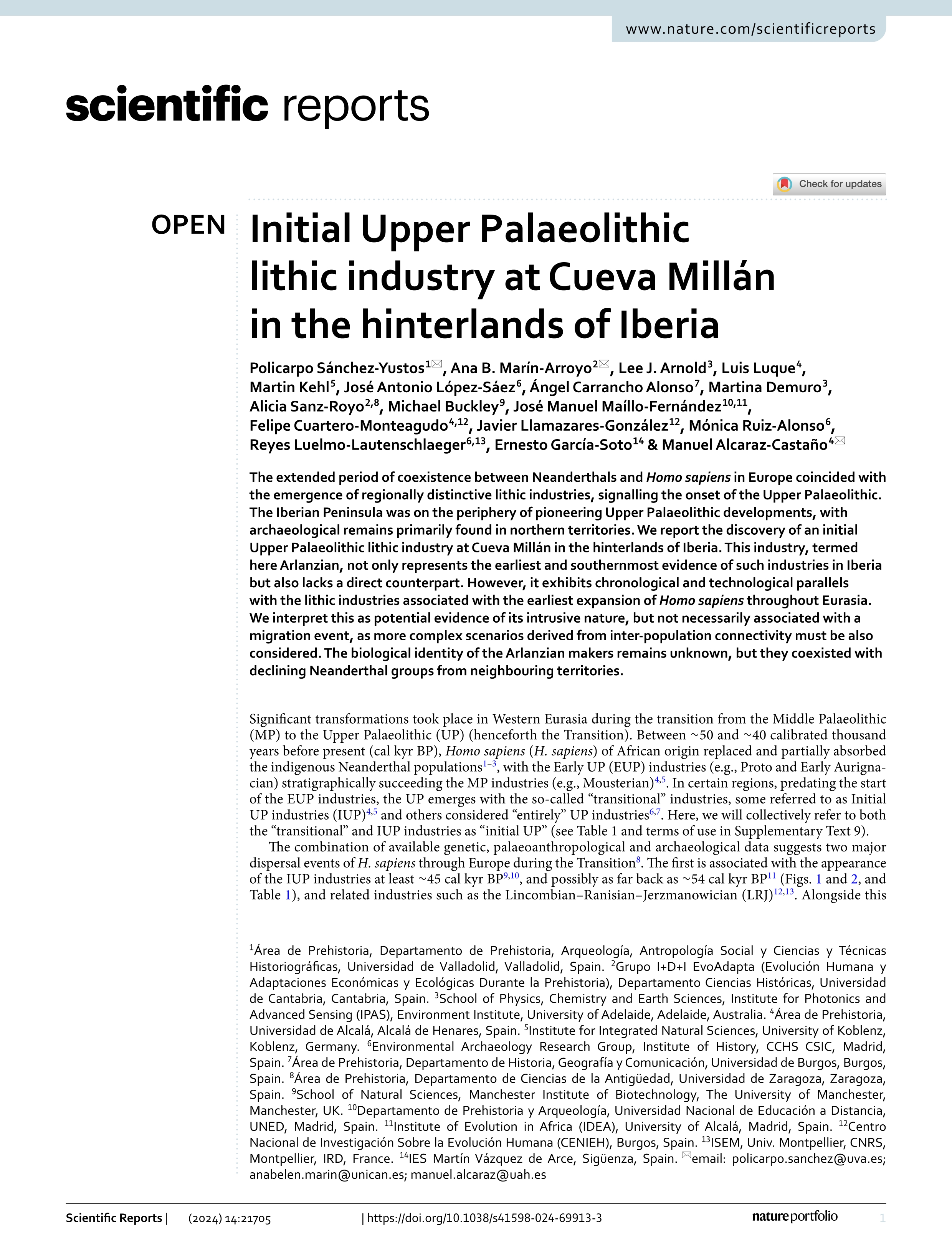 Initial Upper Palaeolithic lithic industry at Cueva Millán in the hinterlands of Iberia