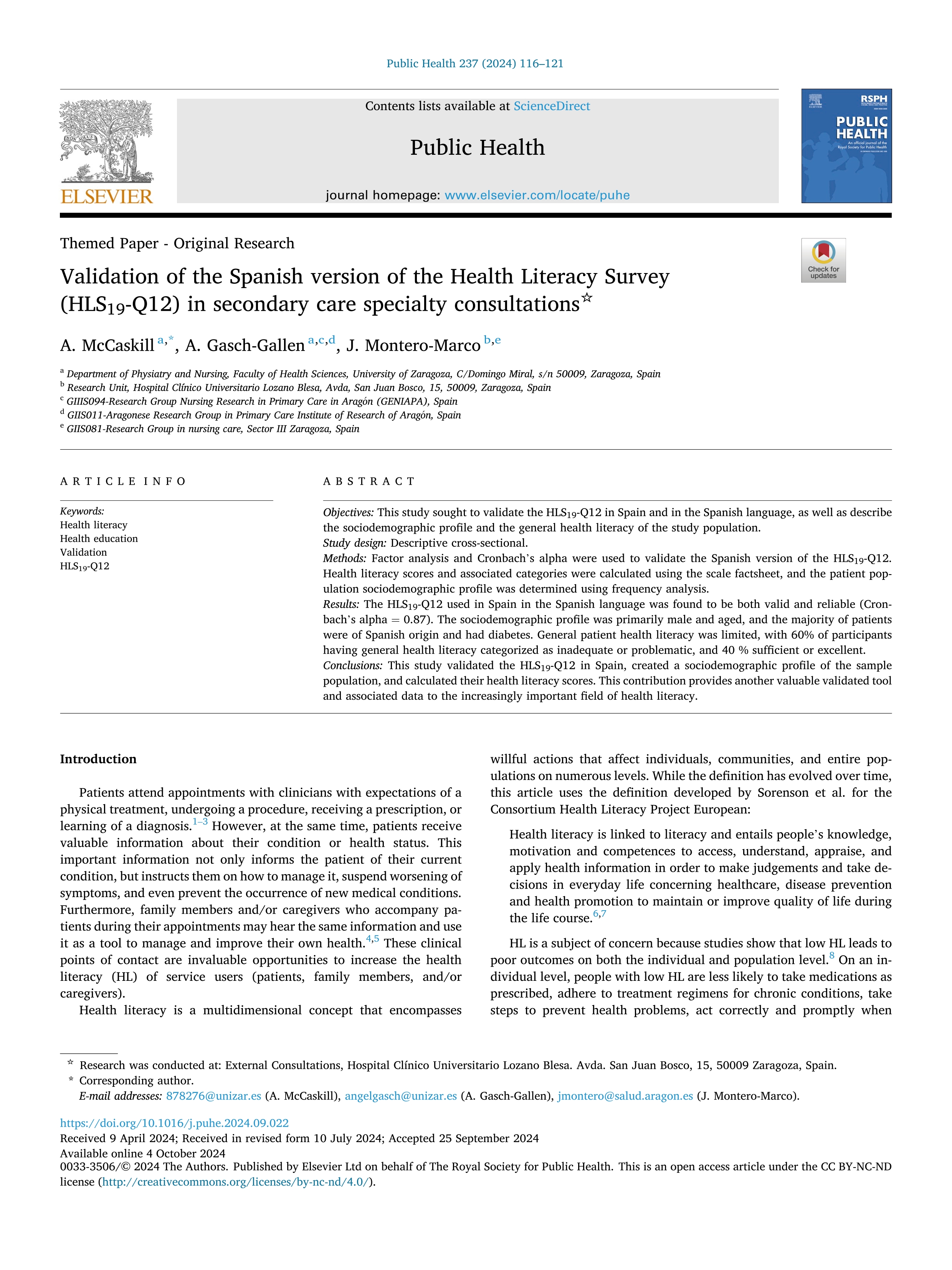 Validation of the Spanish version of the Health Literacy Survey (HLS19-Q12) in secondary care specialty consultations