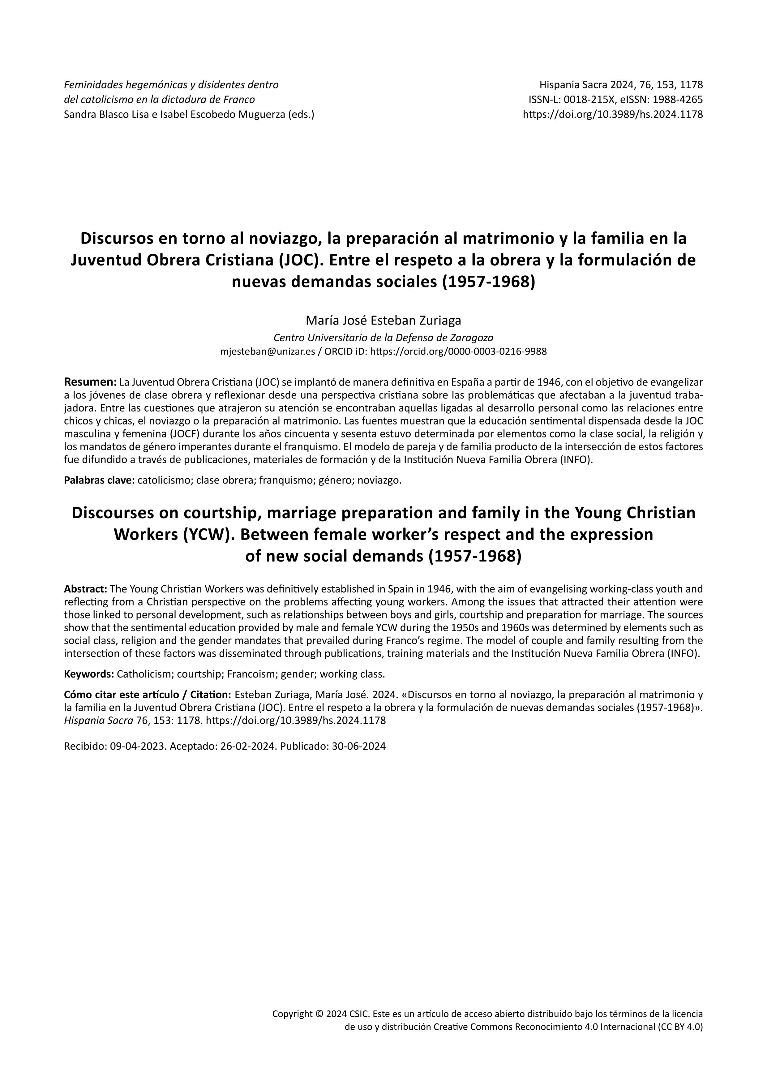 Discursos en torno al noviazgo, la preparación al matrimonio y la familia en la Juventud Obrera Cristiana (JOC). Entre el respeto a la obrera y la formulación de nuevas demandas sociales (1957-1968)