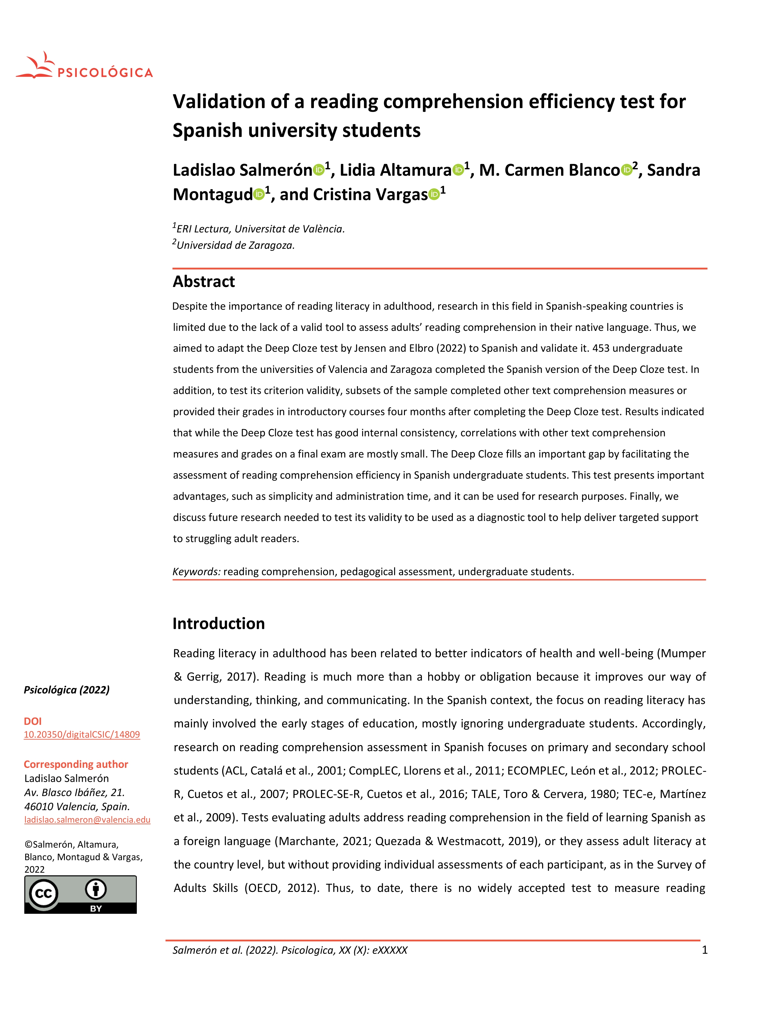 Validation of a reading comprehension efficiency test for Spanish university students