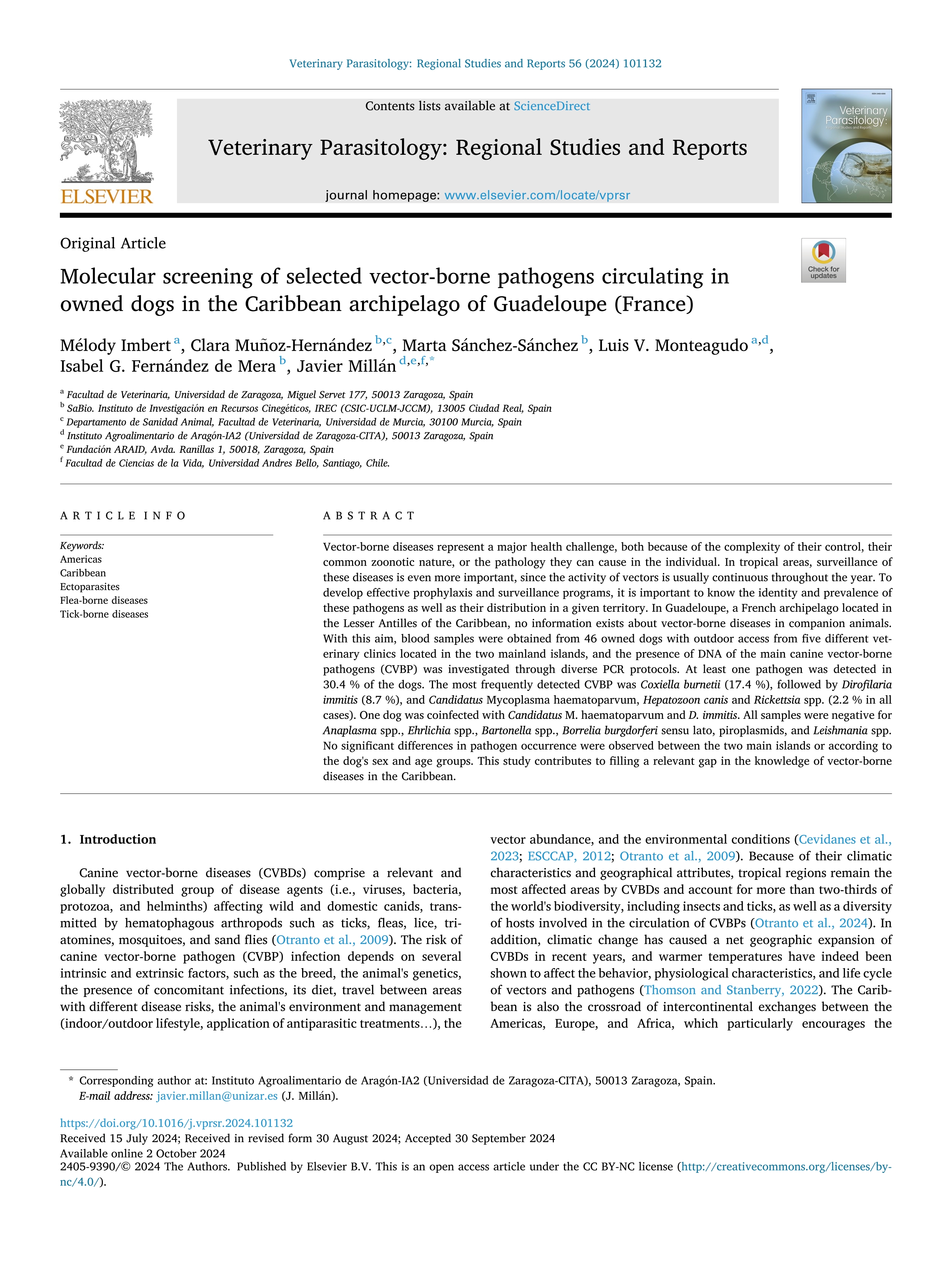 Molecular screening of selected vector-borne pathogens circulating in owned dogs in the Caribbean archipelago of Guadeloupe (France)