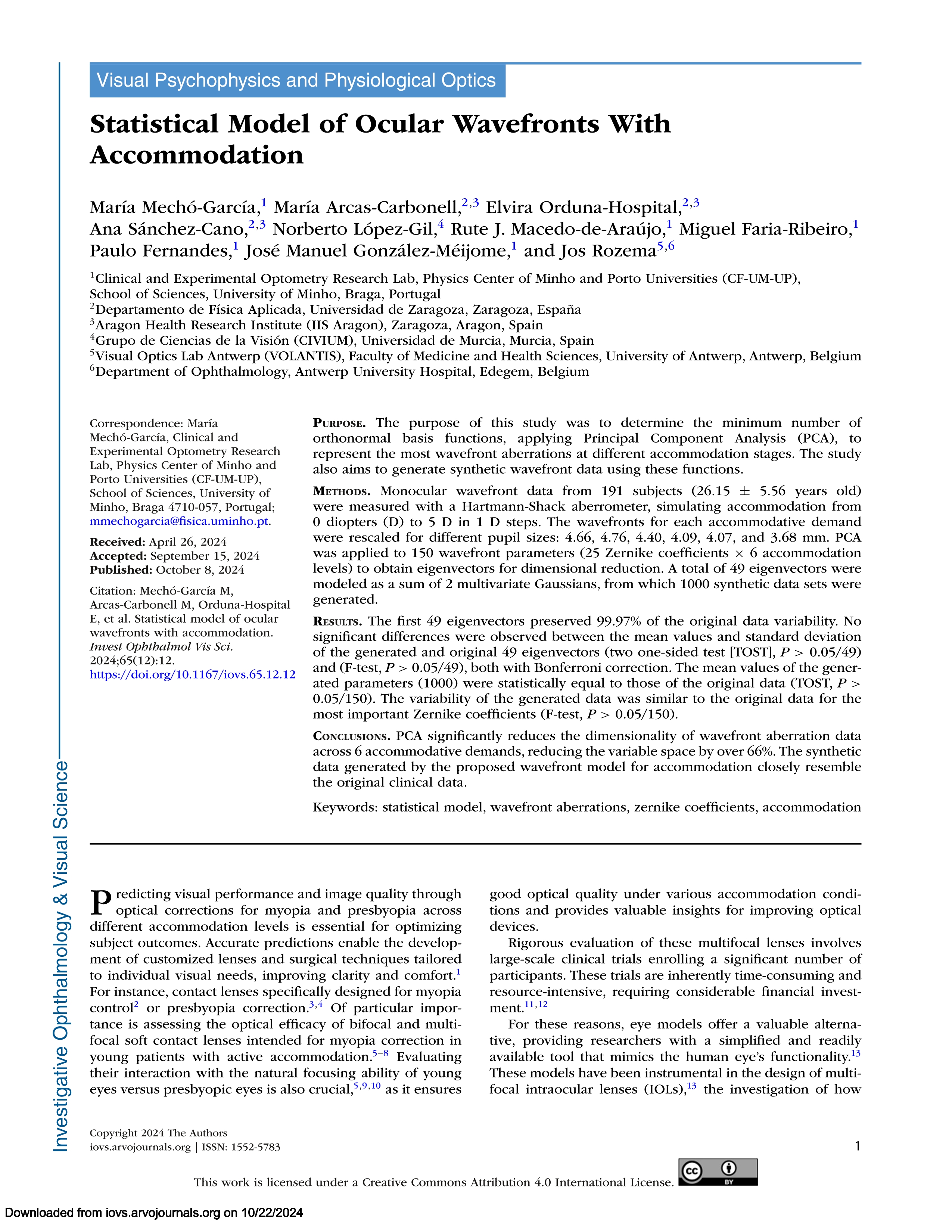 Statistical model of ocular wavefronts with accommodation