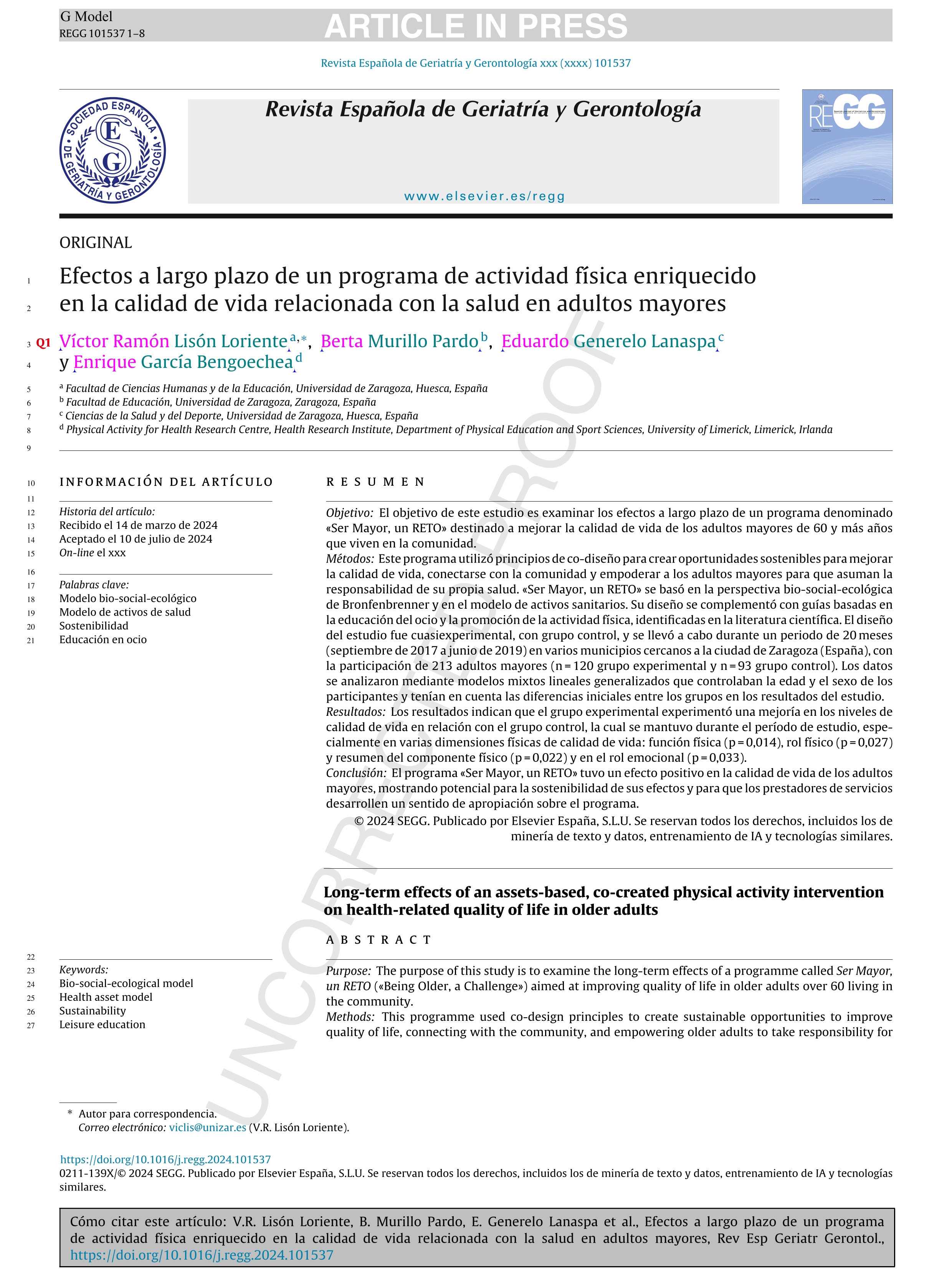 Efectos a largo plazo de un programa de actividad física enriquecido en la calidad de vida relacionada con la salud en adultos mayores