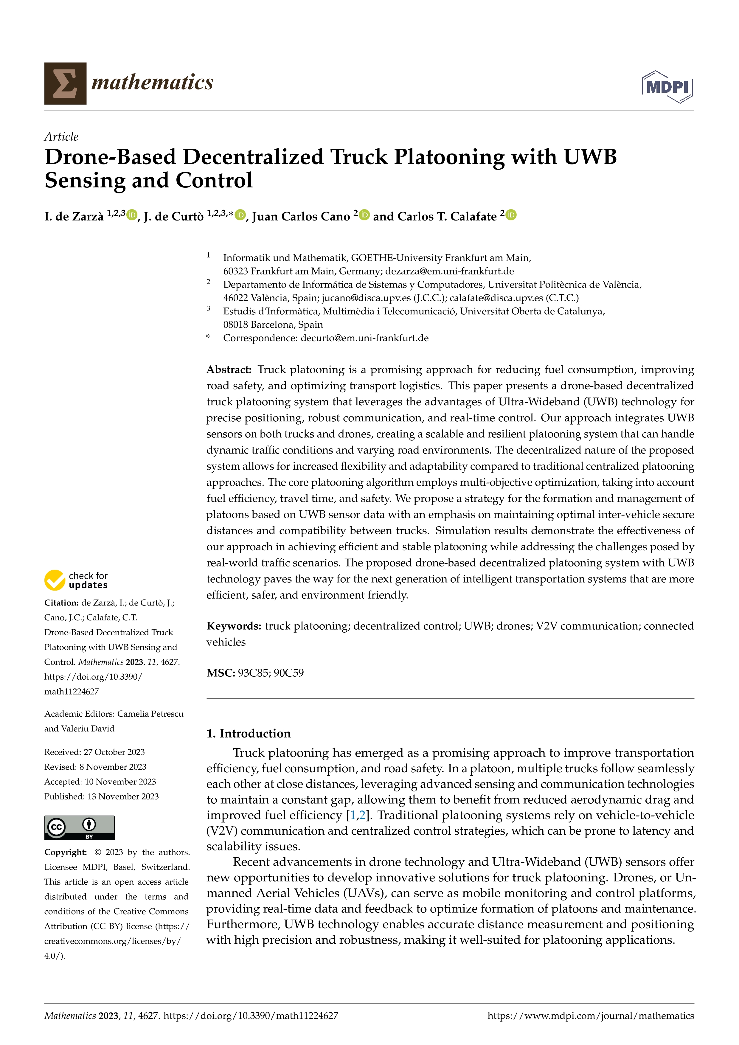 Drone-Based decentralized truck platooning with UWB sensing and control