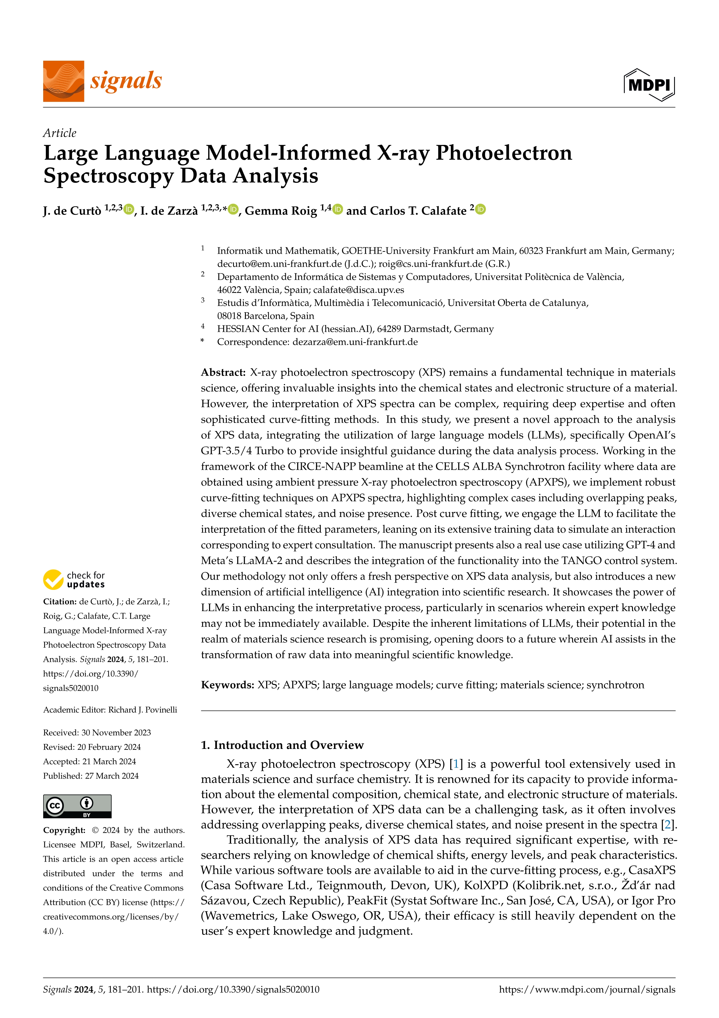 Large Language Model-Informed X-ray Photoelectron Spectroscopy Data Analysis