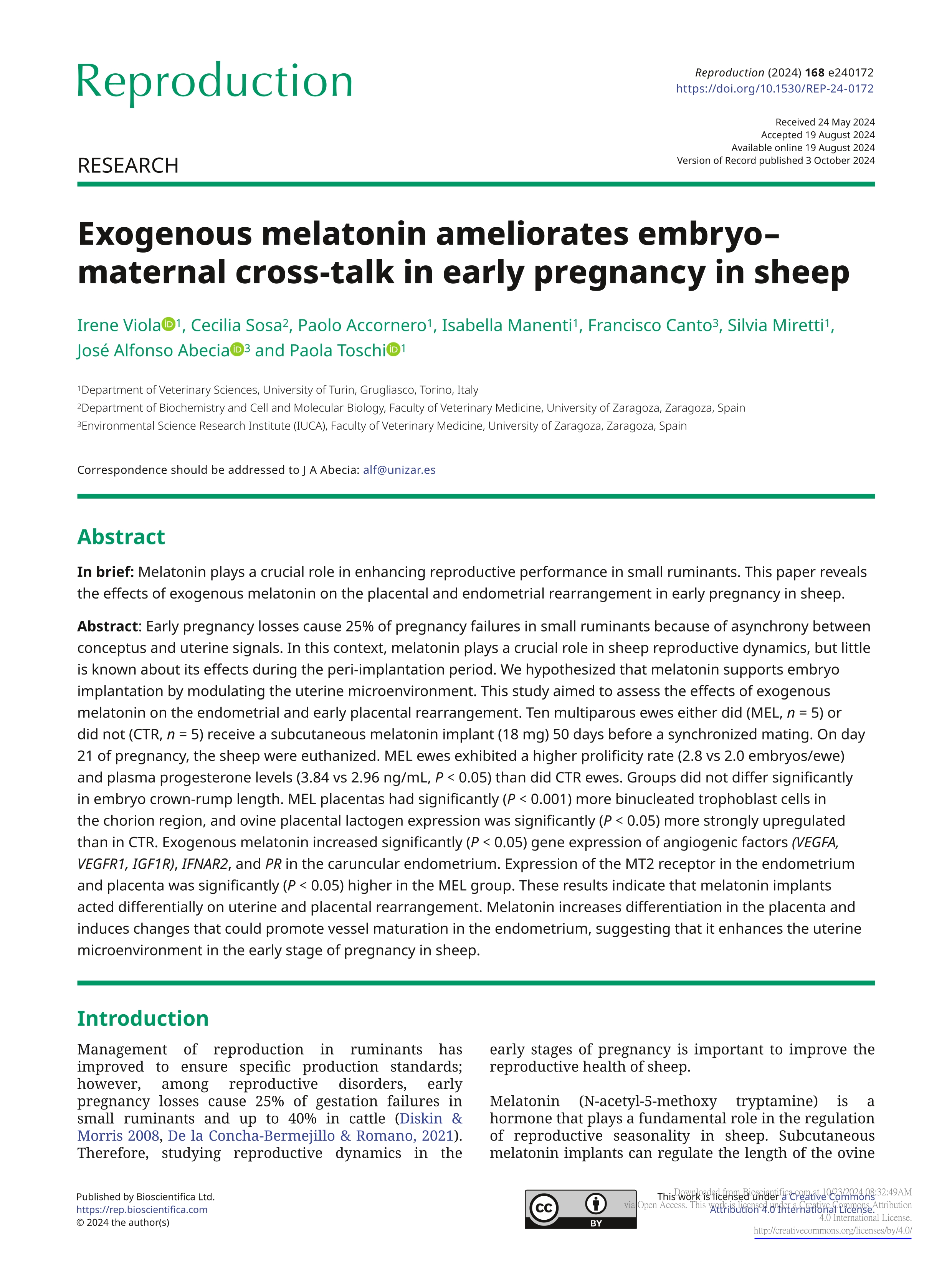 Exogenous melatonin ameliorates embryo–maternal cross-talk in early pregnancy in sheep