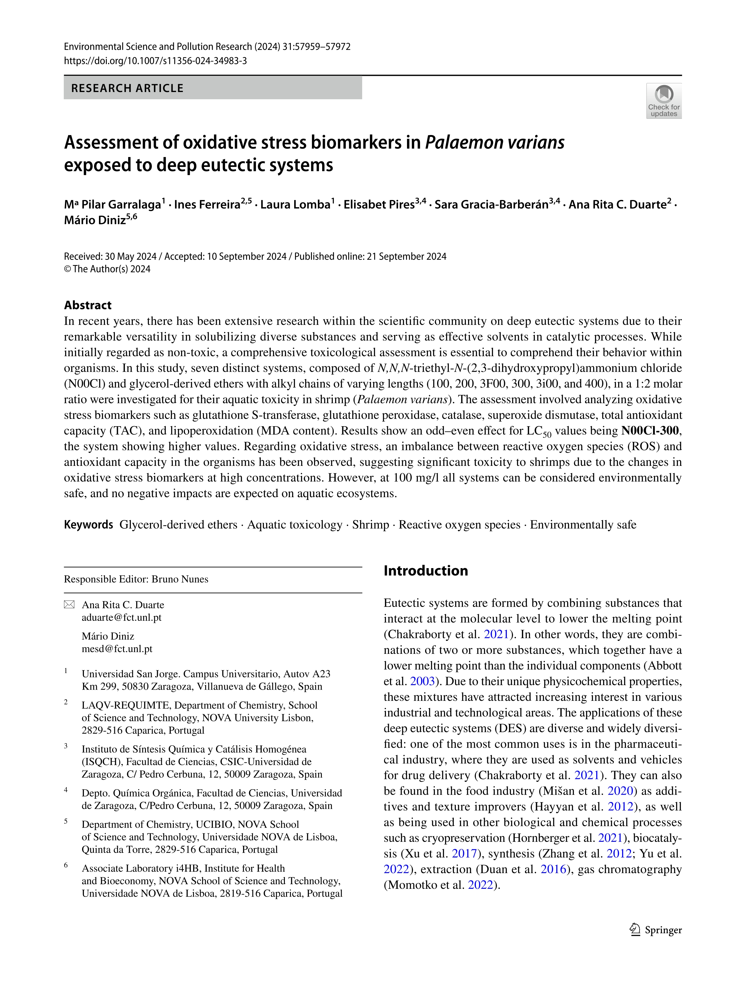 Assessment of oxidative stress biomarkers in Palaemon varians exposed to deep eutectic systems