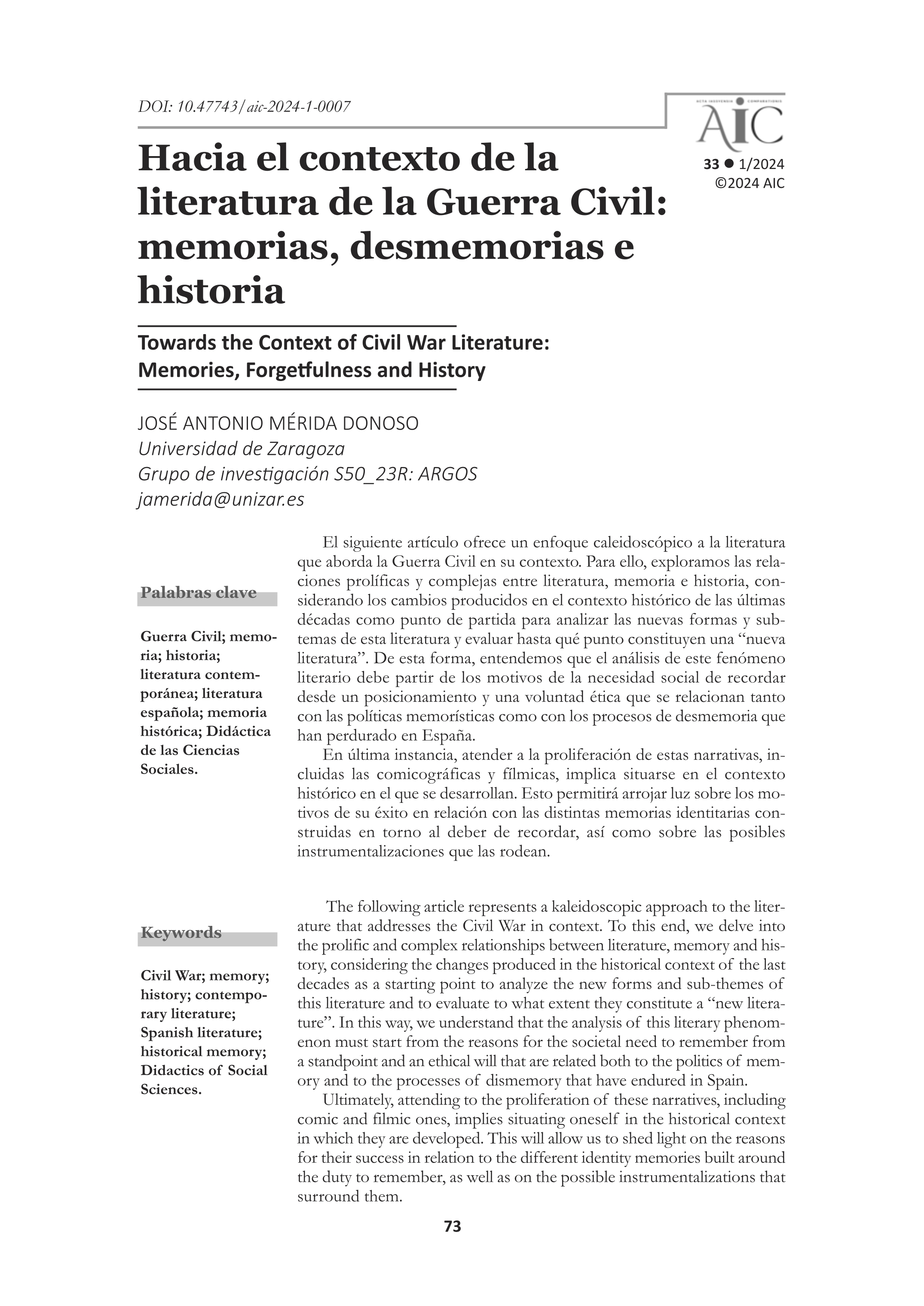 Hacia el contexto de la literatura de la Guerra Civil: memorias, desmemorias e historia