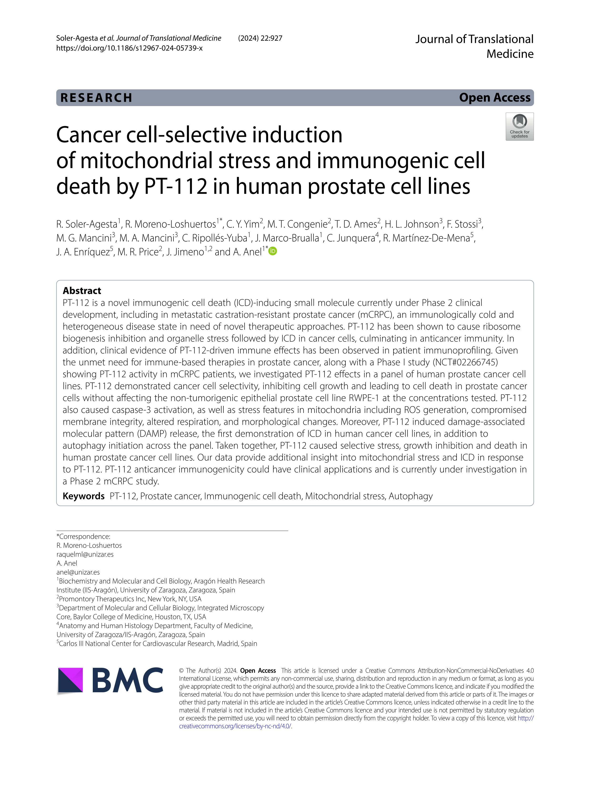 Cancer cell-selective induction of mitochondrial stress and immunogenic cell death by PT-112 in human prostate cell lines