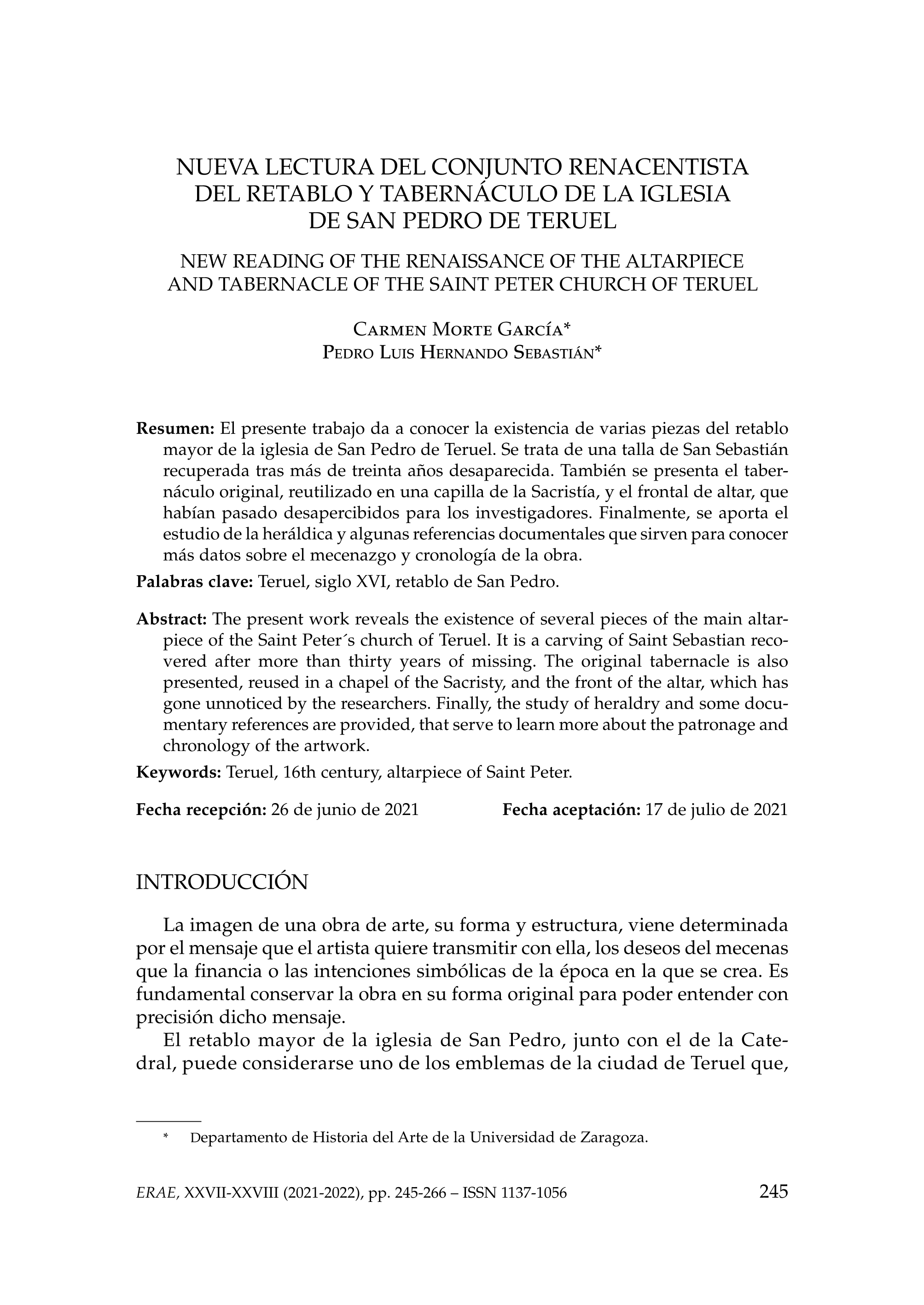 Nueva lectura del conjunto renacentista del retablo y tabernáculo de la iglesia de San Pedro de Teruel