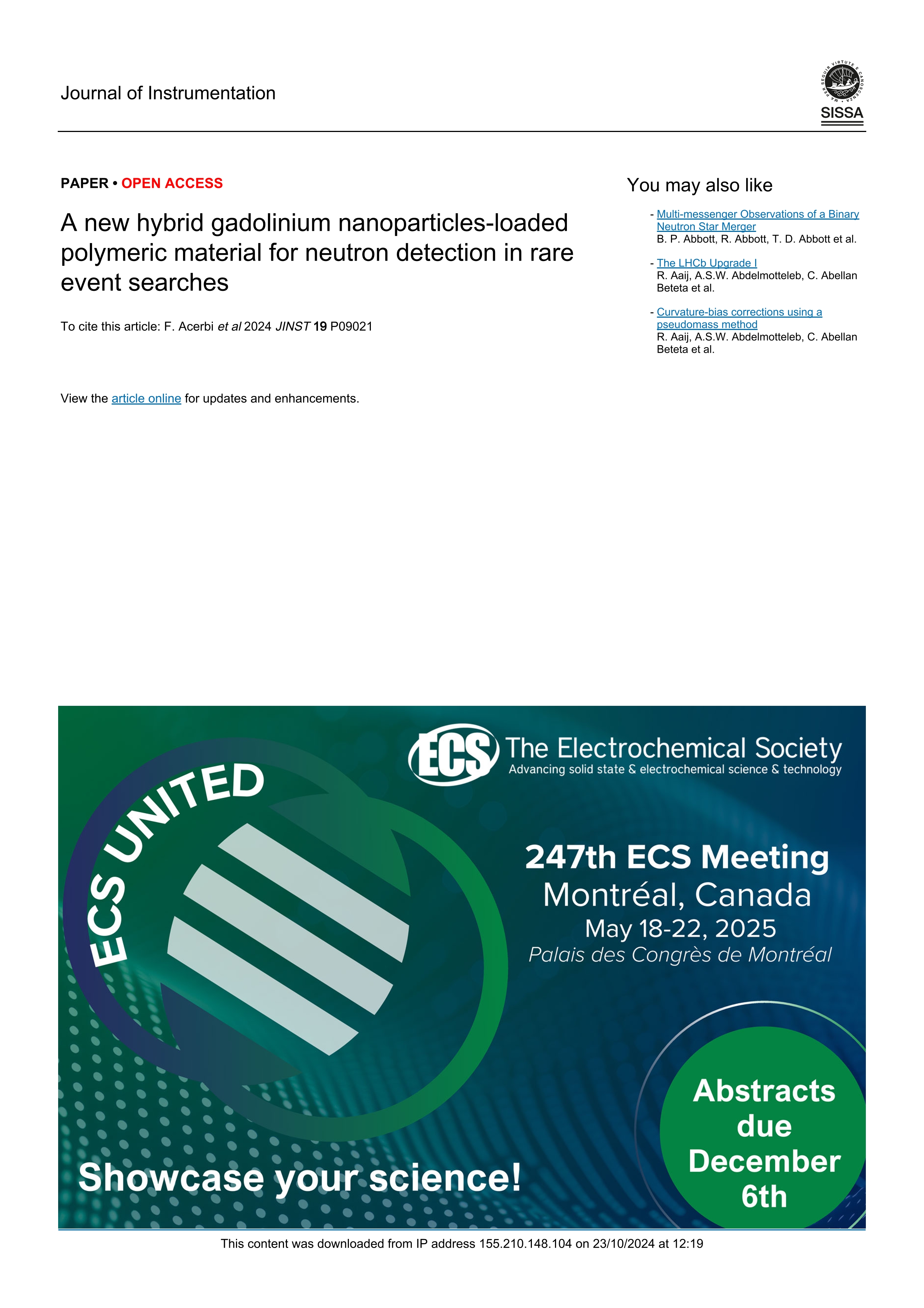 A new hybrid gadolinium nanoparticles-loaded polymeric material for neutron detection in rare event searches