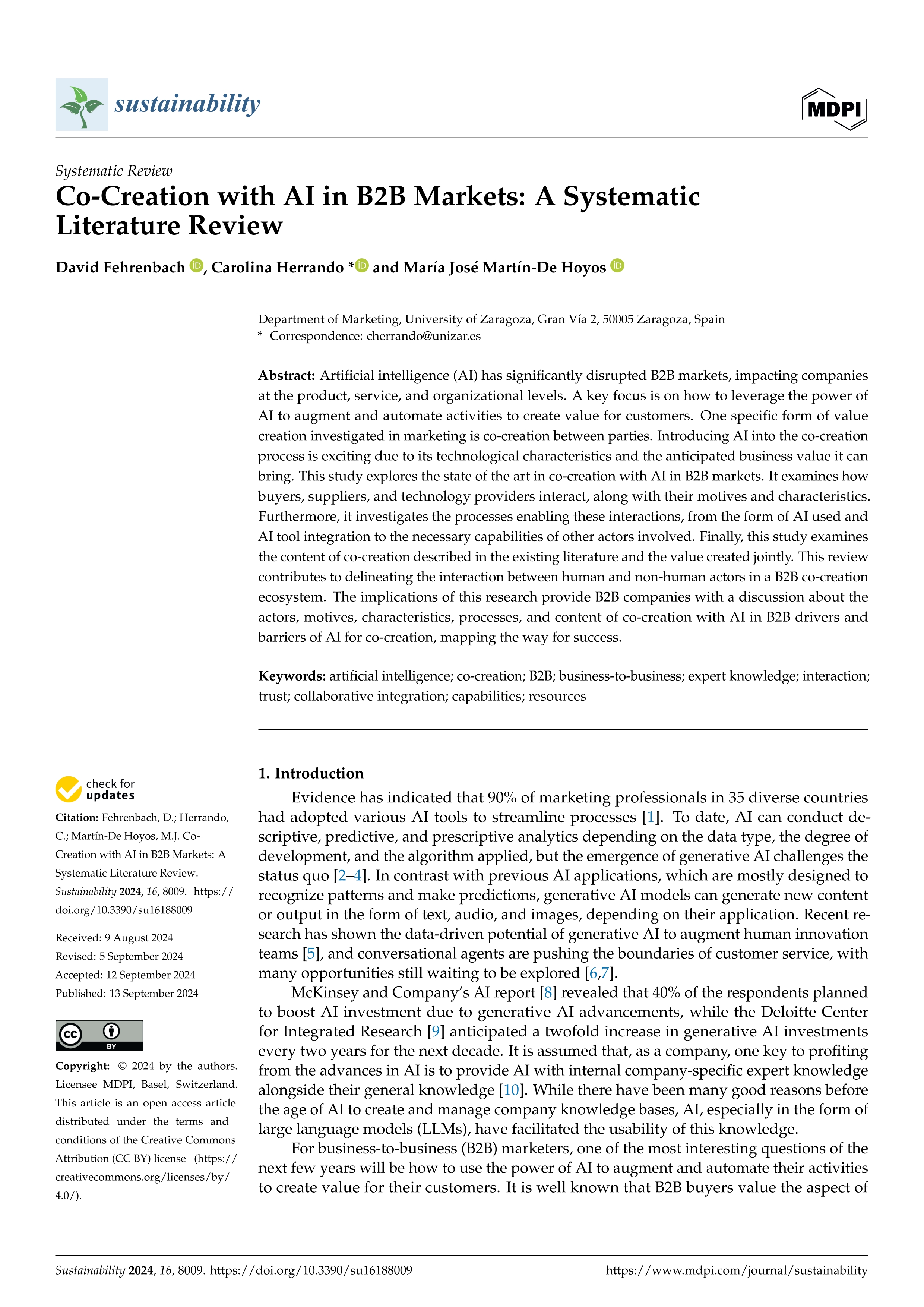 Co-creation with AI in B2B markets: A systematic literature review