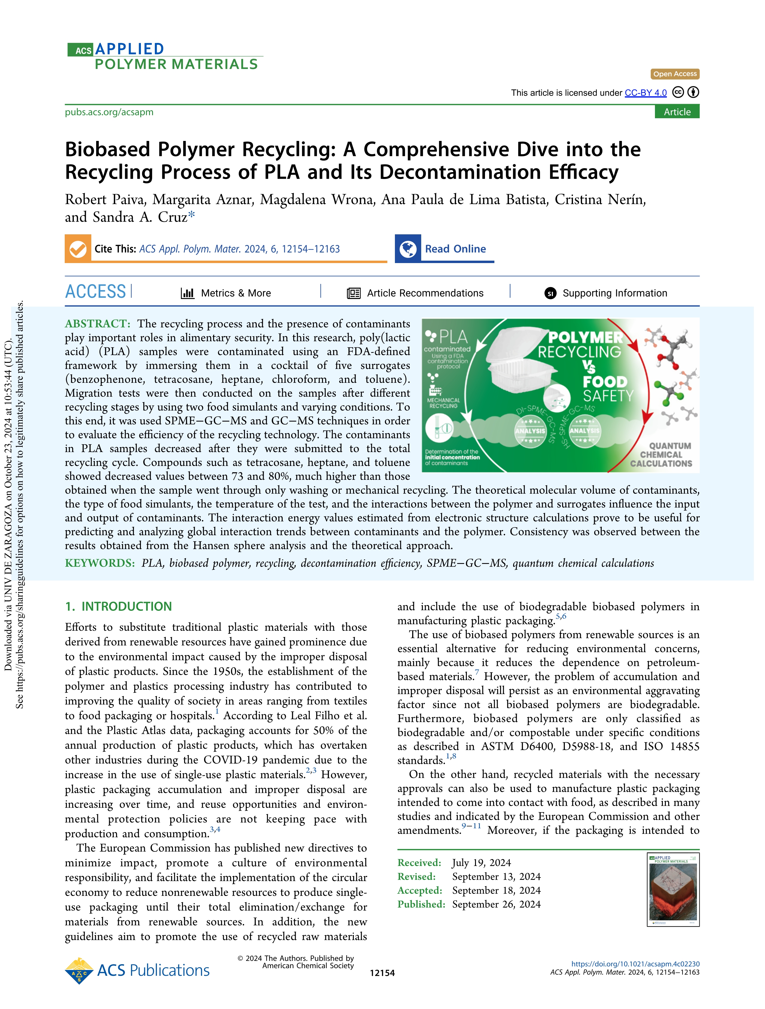 Biobased polymer recycling: a comprehensive dive into the recycling process of PLA and its decontamination efficacy