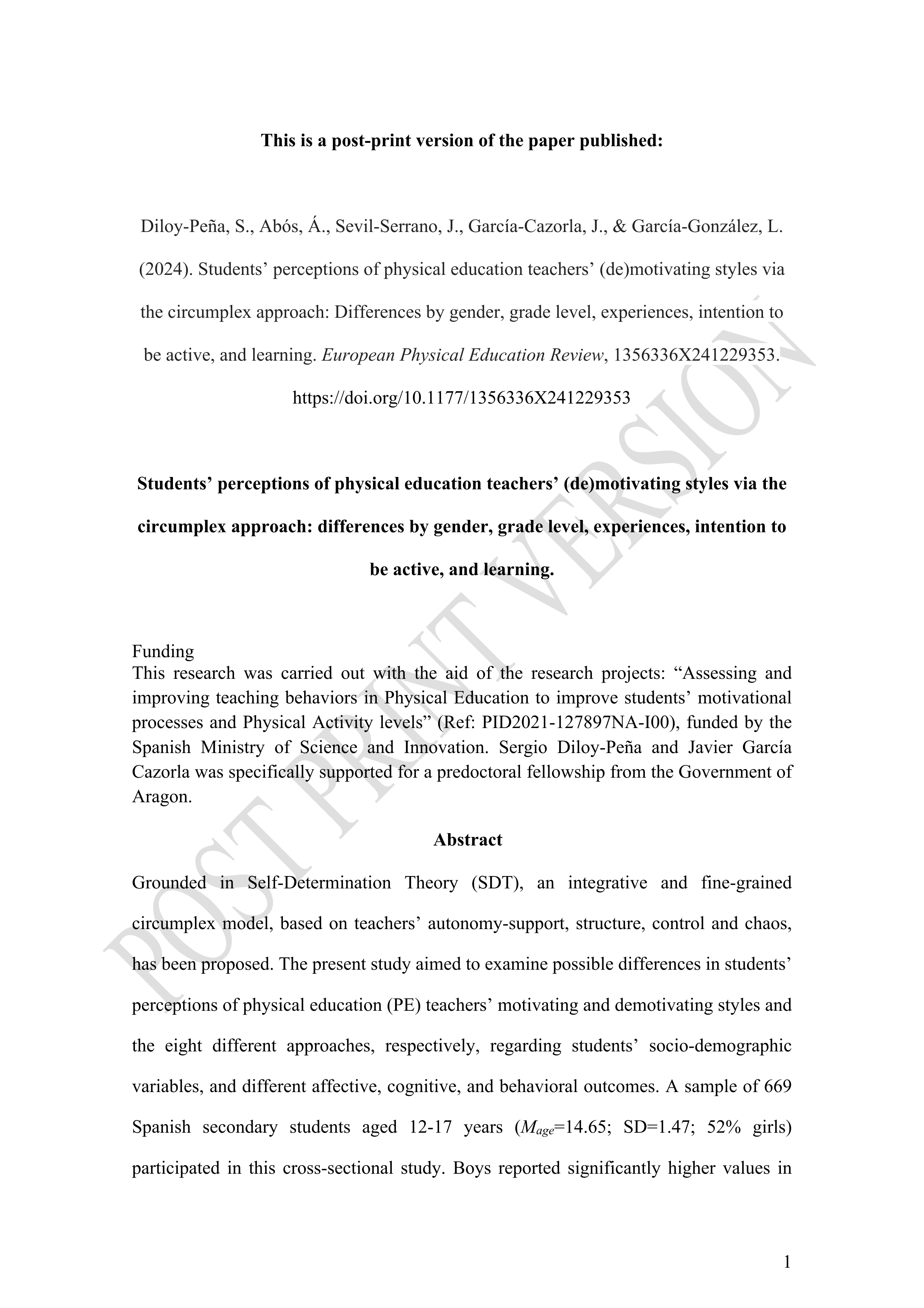 Students’ perceptions of physical education teachers’ (de)motivating styles via the circumplex approach: Differences by gender, grade level, experiences, intention to be active, and learning