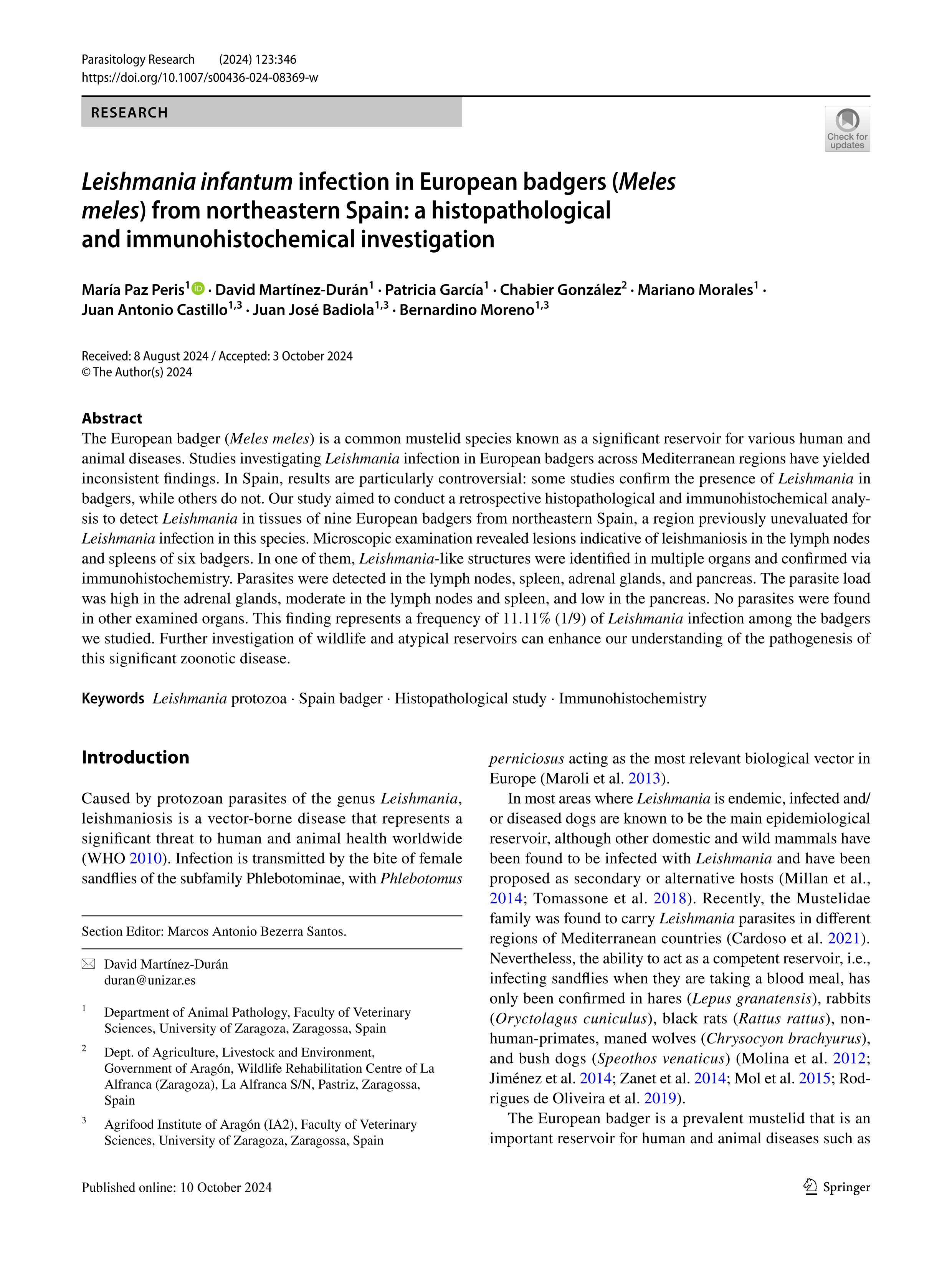 Leishmania infantum infection in European badgers (Meles meles) from northeastern Spain: a histopathological and immunohistochemical investigation