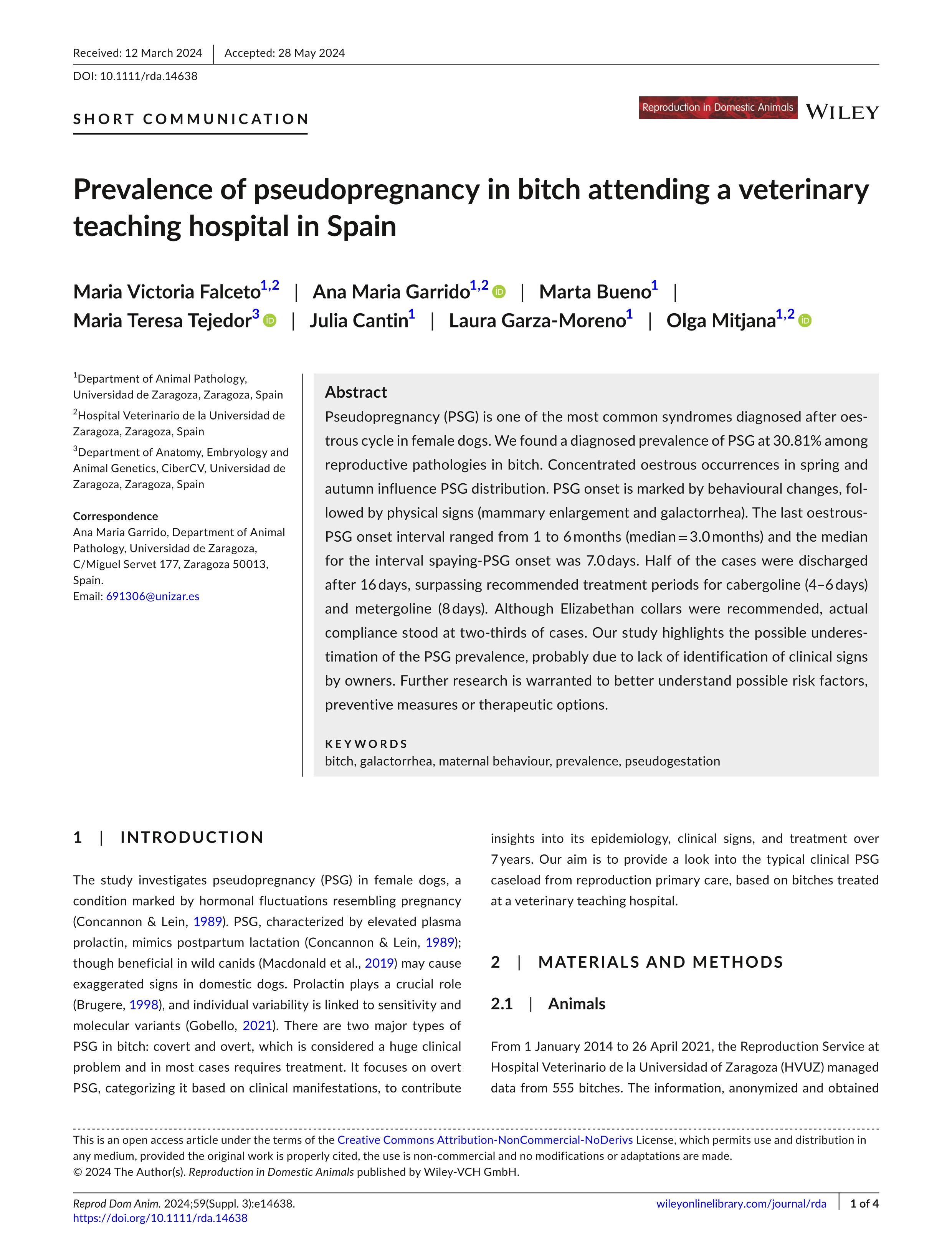 Prevalence of pseudopregnancy in bitch attending a veterinary teaching hospital in Spain