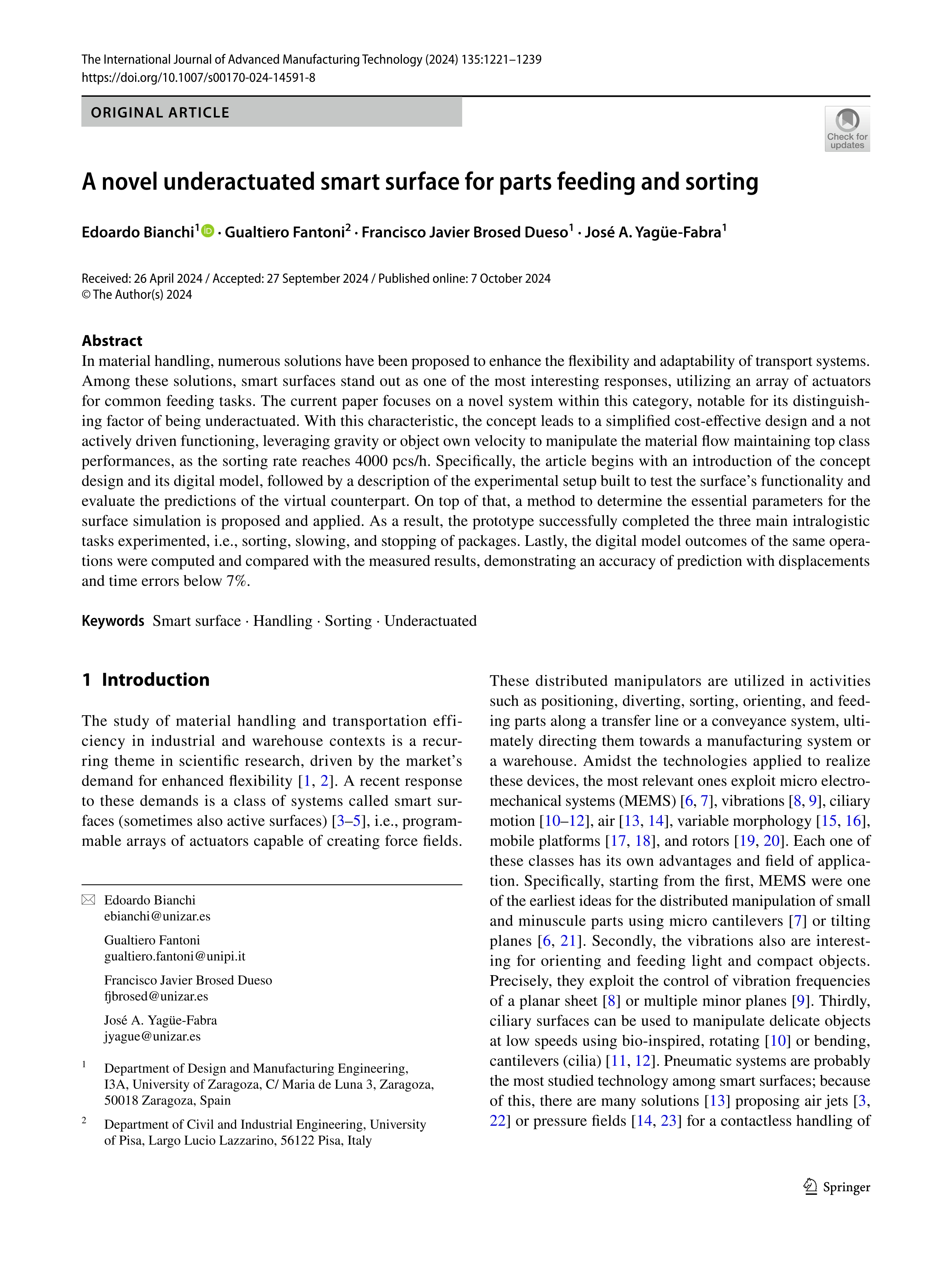 A novel underactuated smart surface for parts feeding and sorting