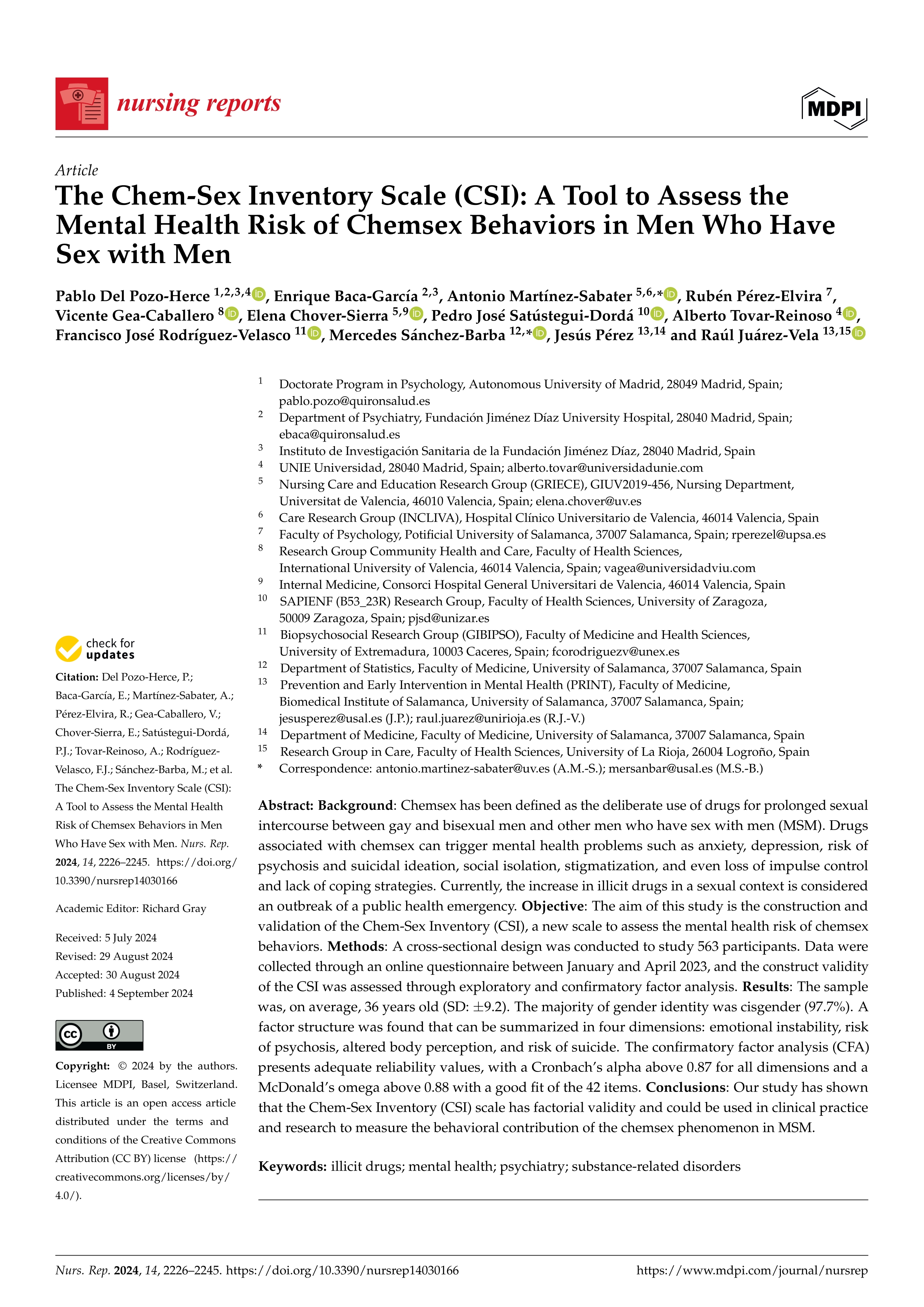 The Chem-Sex Inventory Scale (CSI): a tool to assess the mental health risk of Chemsex behaviors in men who have sex with men