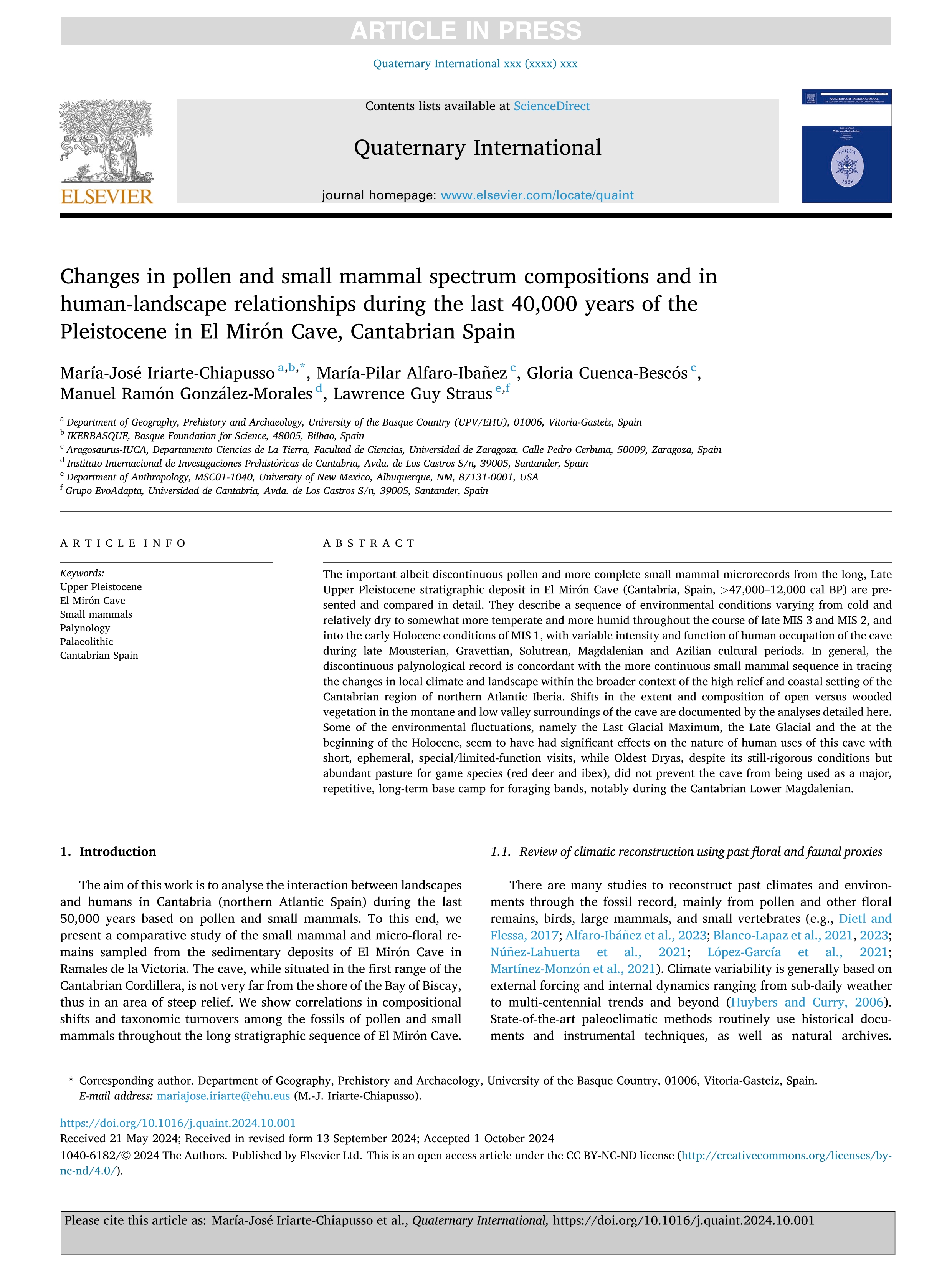 Changes in pollen and small mammal spectrum compositions and in human-landscape relationships during the last 40,000 years of the Pleistocene in El Mirón Cave, Cantabrian Spain