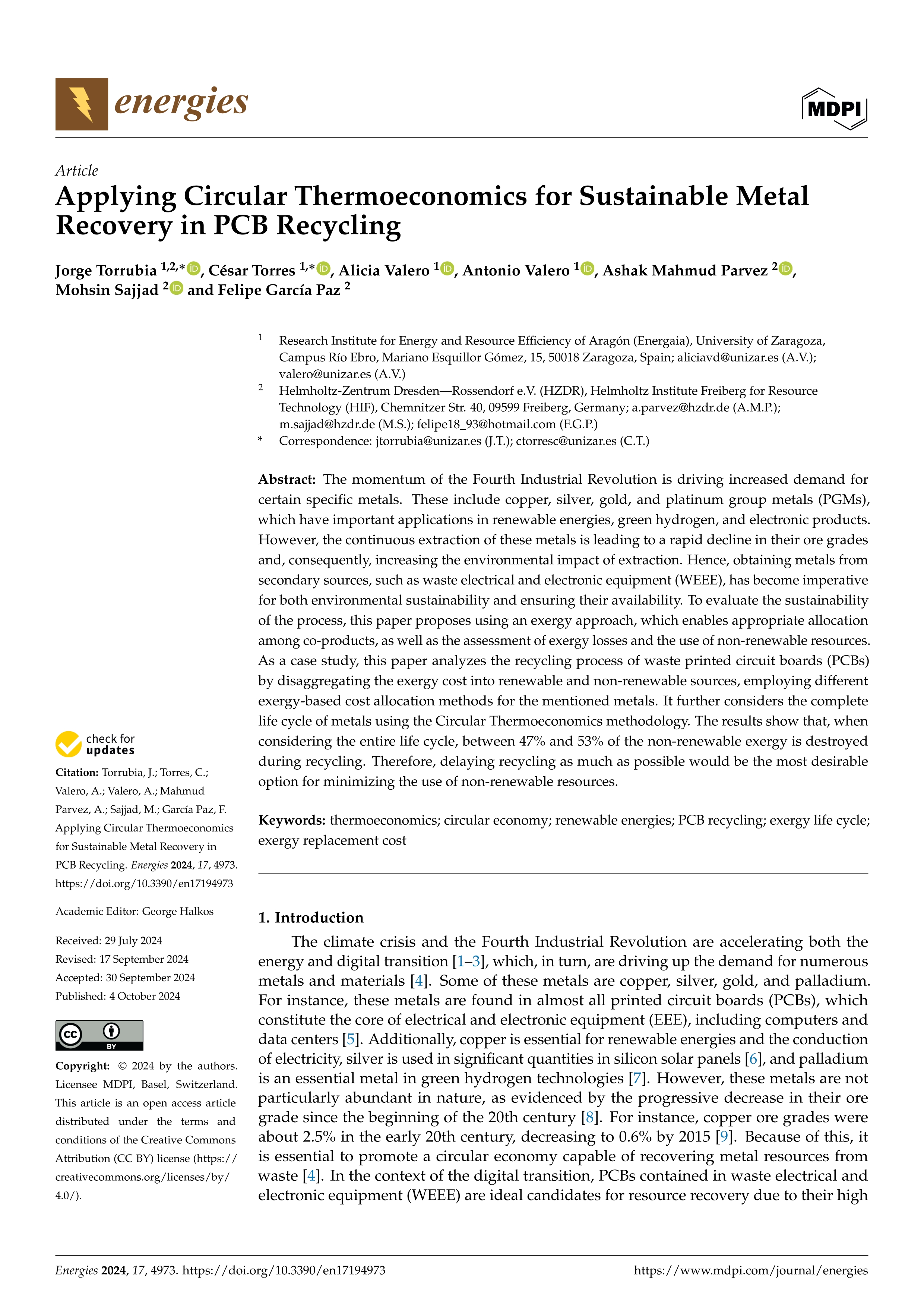 Applying Circular Thermoeconomics for Sustainable Metal Recovery in PCB Recycling