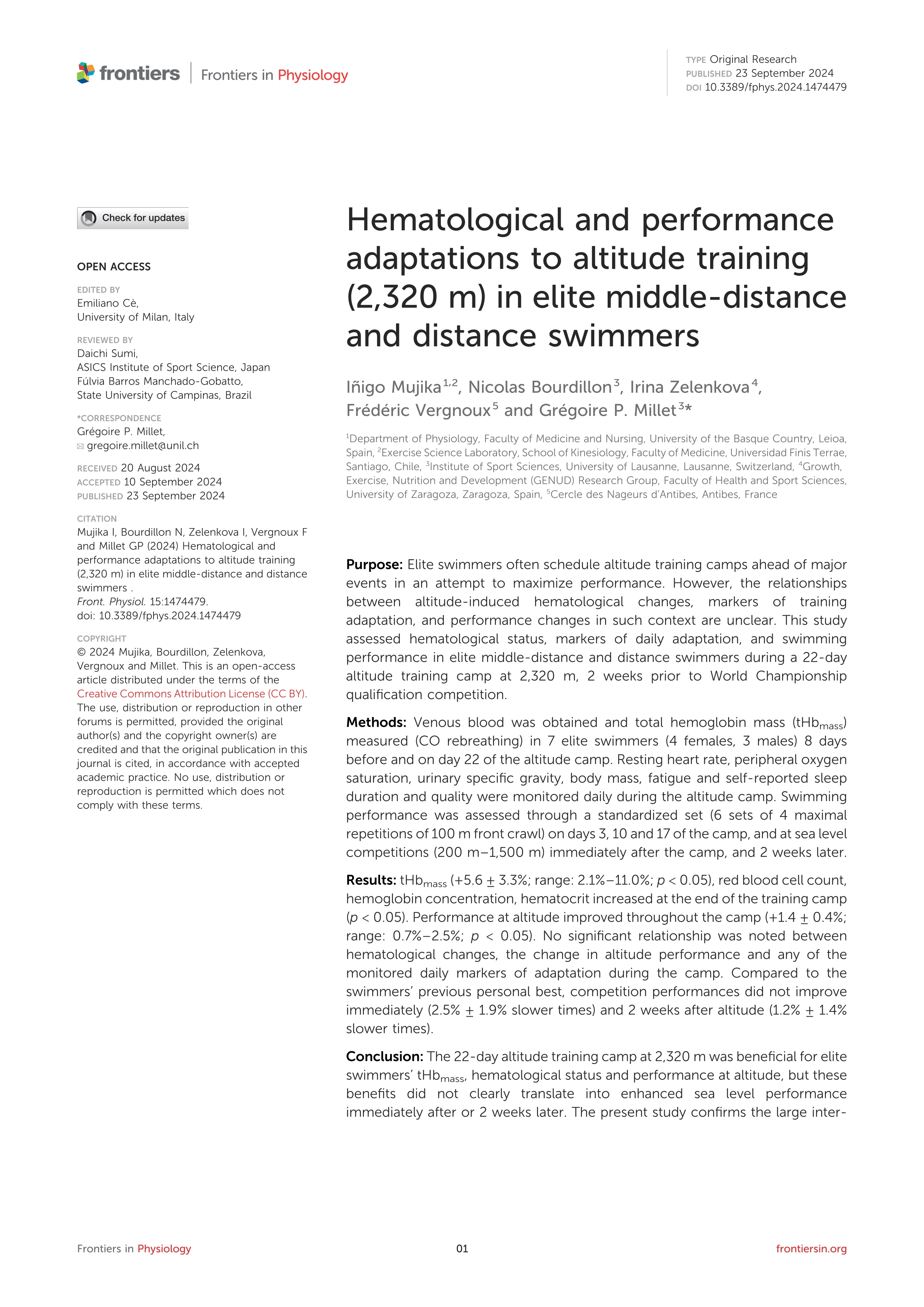 Hematological and performance adaptations to altitude training (2,320 m) in elite middle-distance and distance swimmers