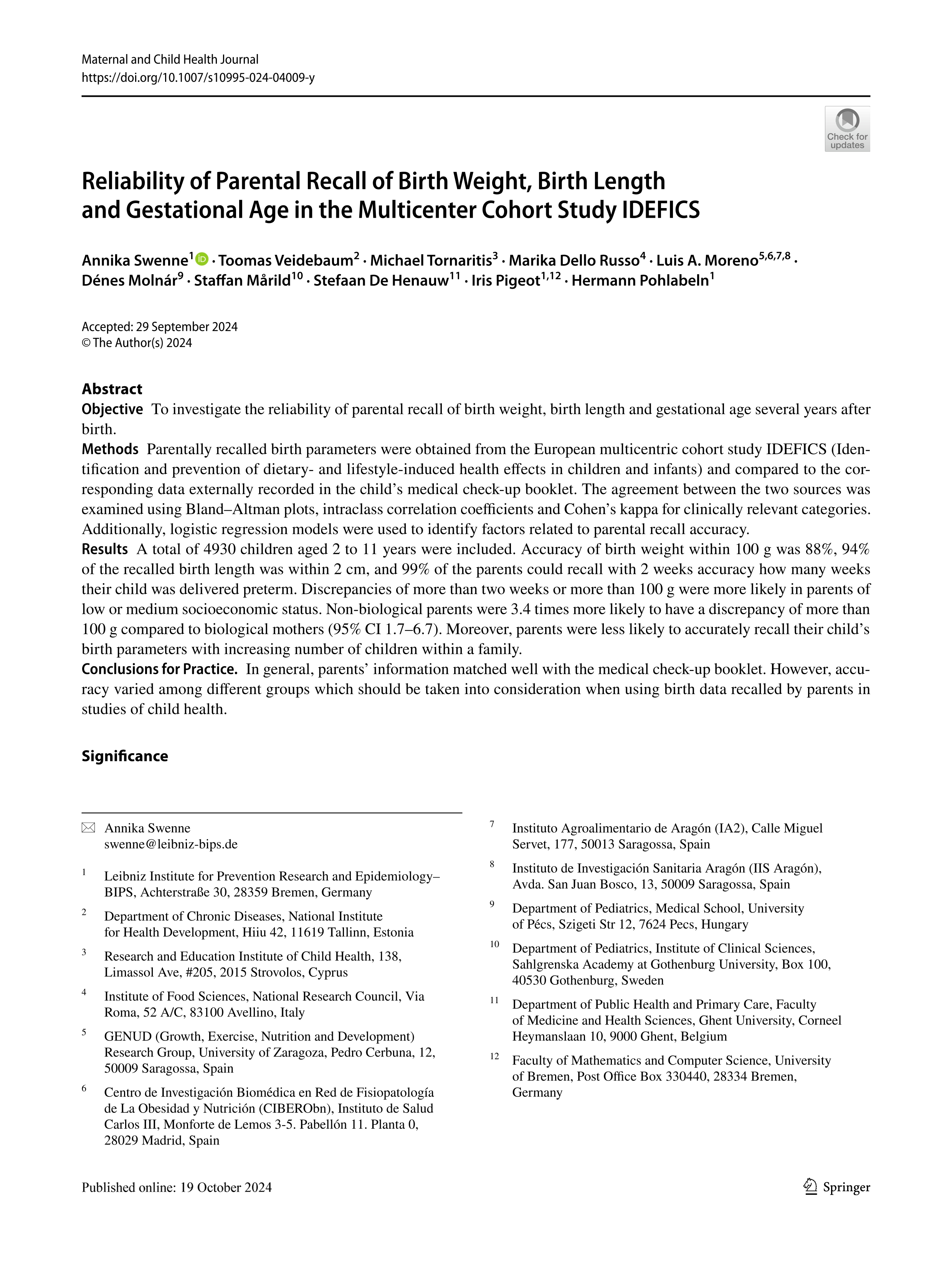 Reliability of Parental Recall of Birth Weight, Birth Length and Gestational Age in the Multicenter Cohort Study IDEFICS