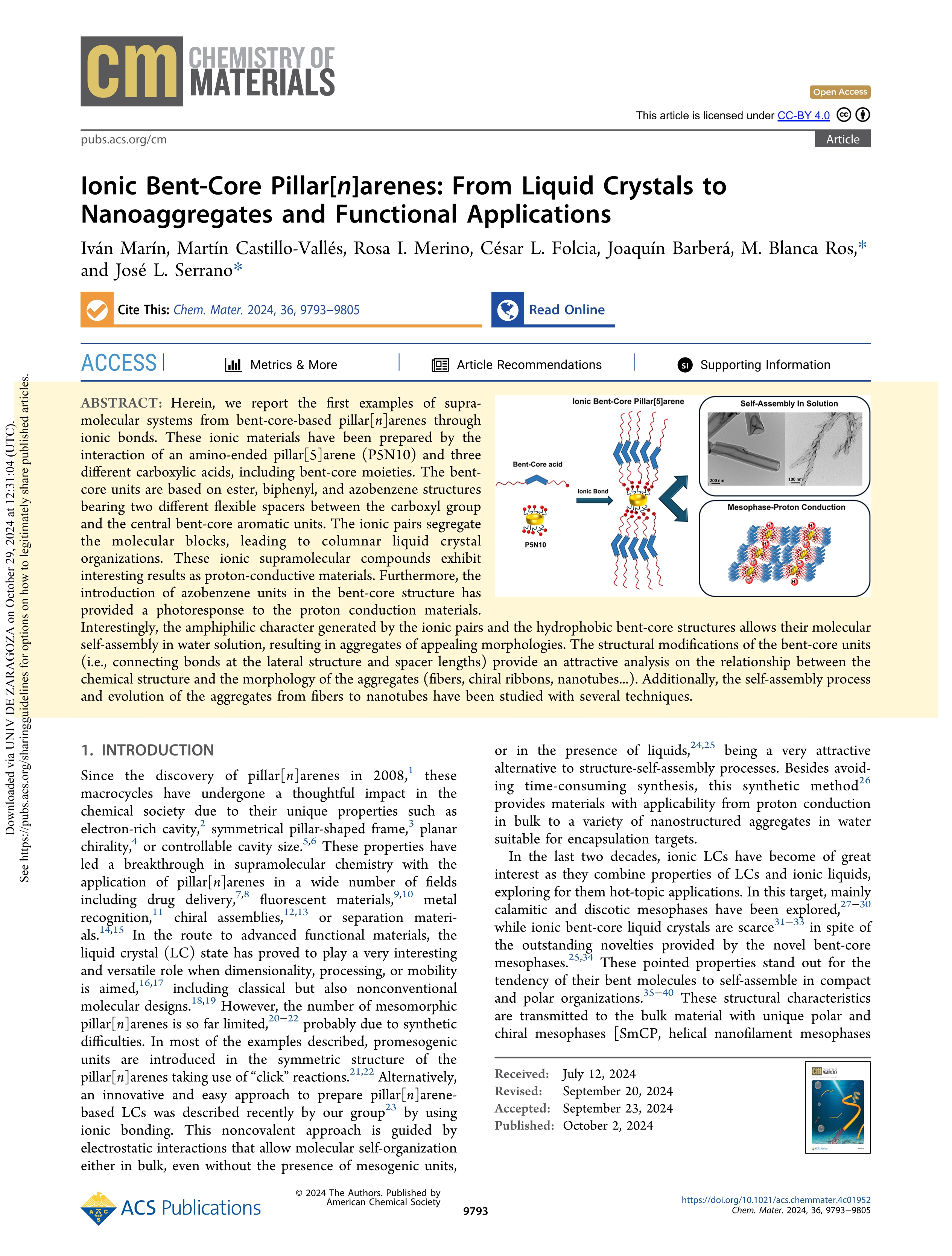 Ionic bent-core pillar[n]arenes: from liquid crystals to nanoaggregates and functional applications