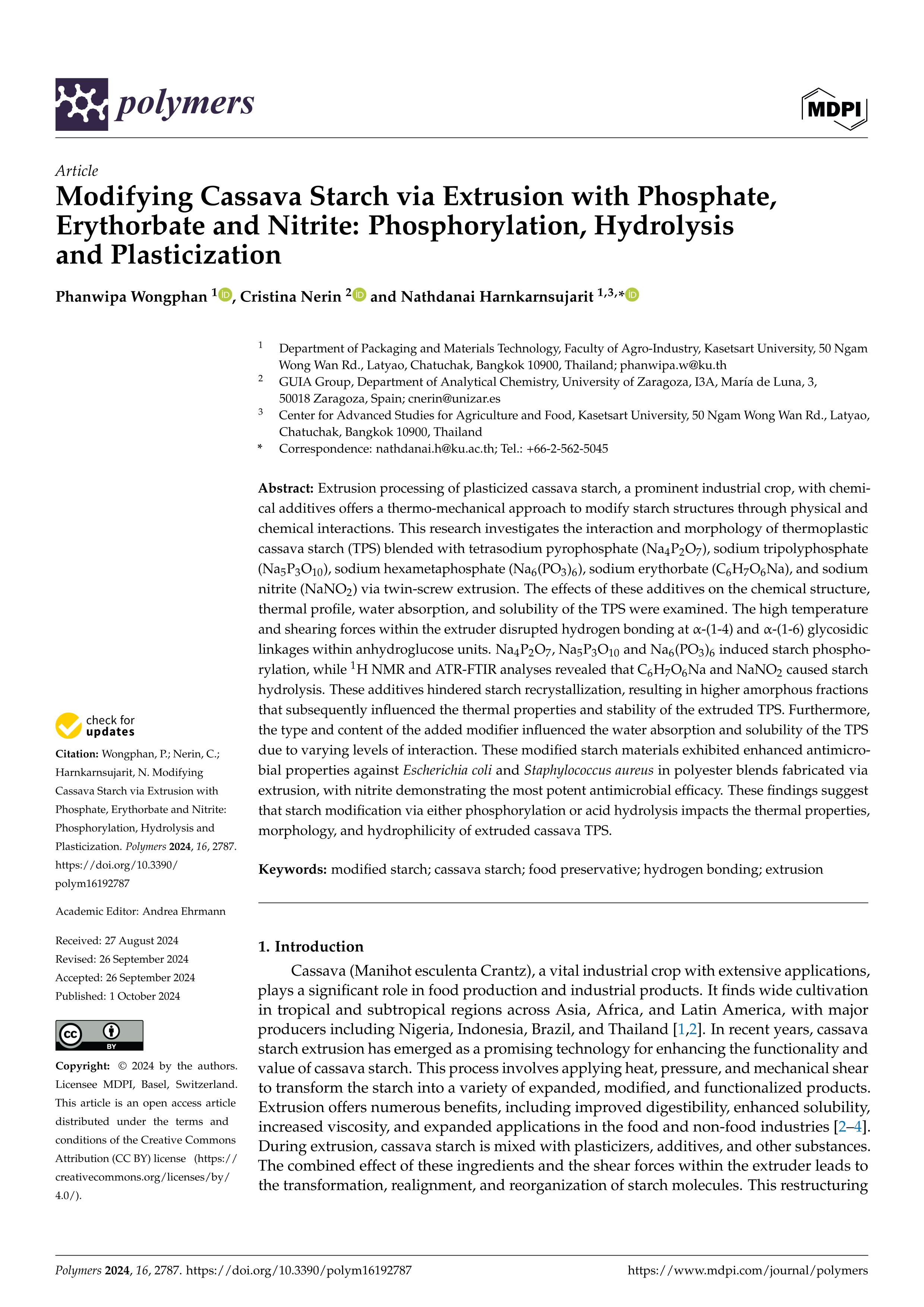 Modifying cassava starch via extrusion with phosphate, erythorbate and nitrite: phosphorylation, hydrolysis and plasticization