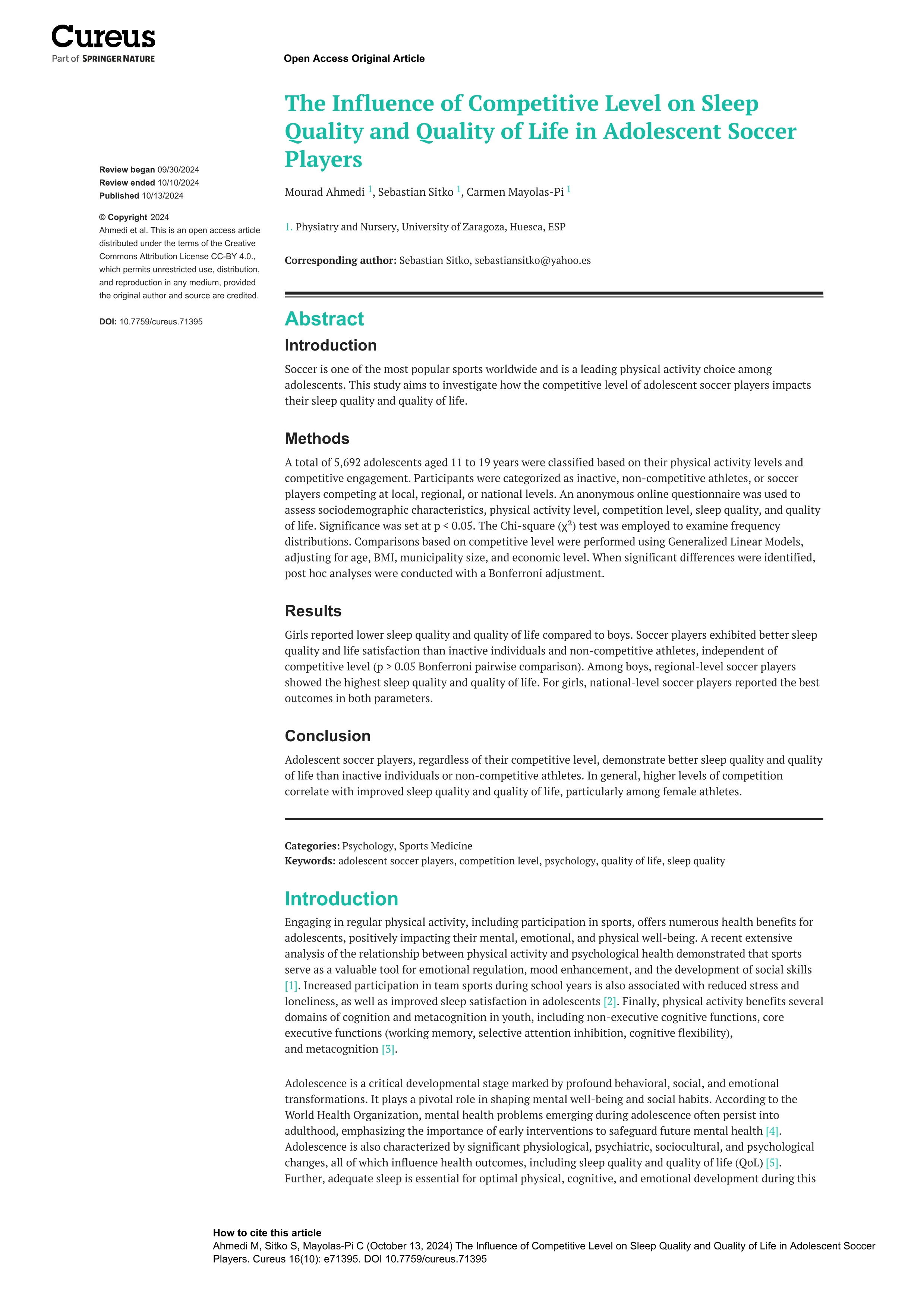 The influence of competitive level on sleep quality and quality of life in adolescent soccer players