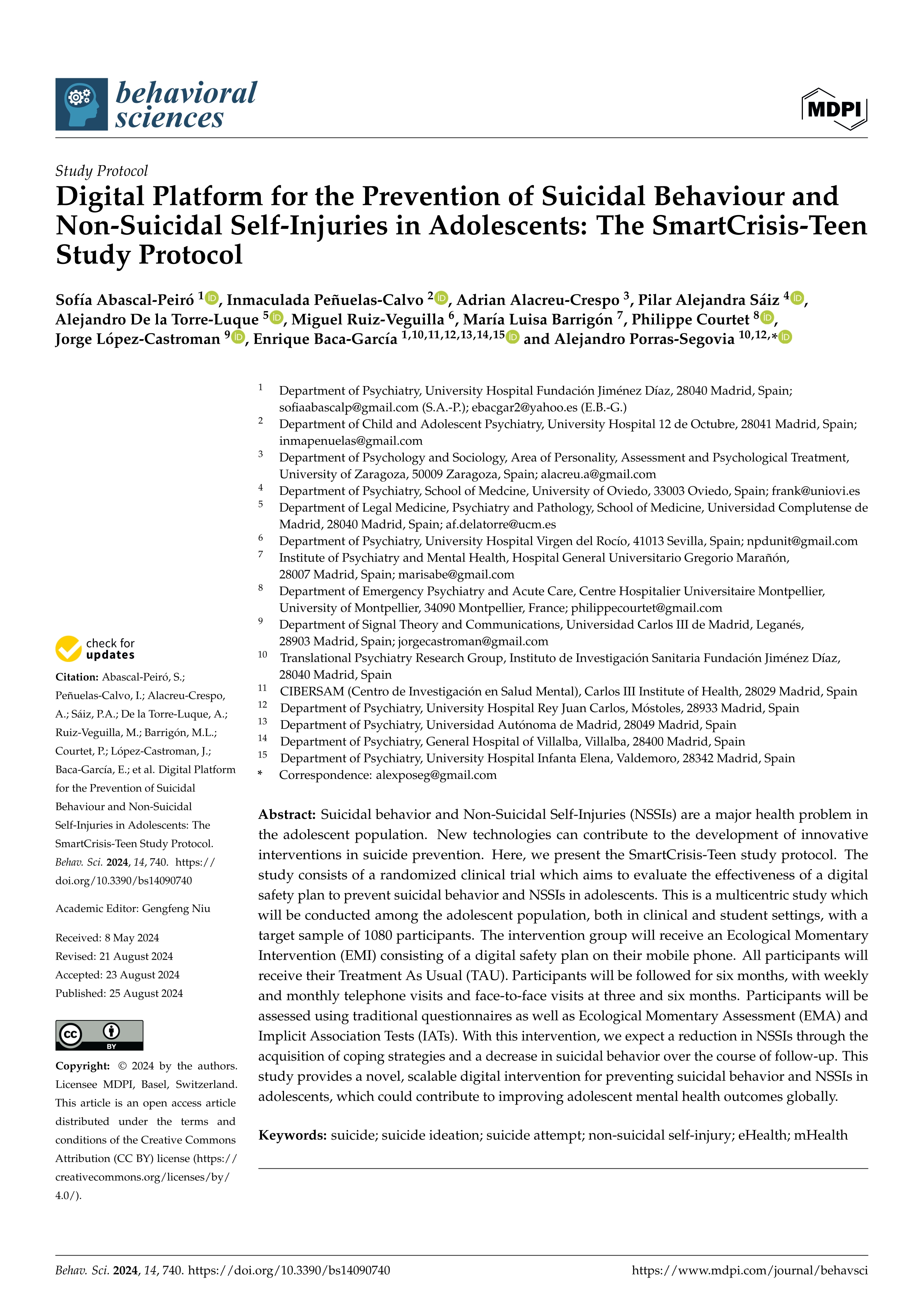 Digital platform for the prevention of suicidal behaviour and non-suicidal self-injuries in adolescents: the Smartcrisis-Teen study protocol