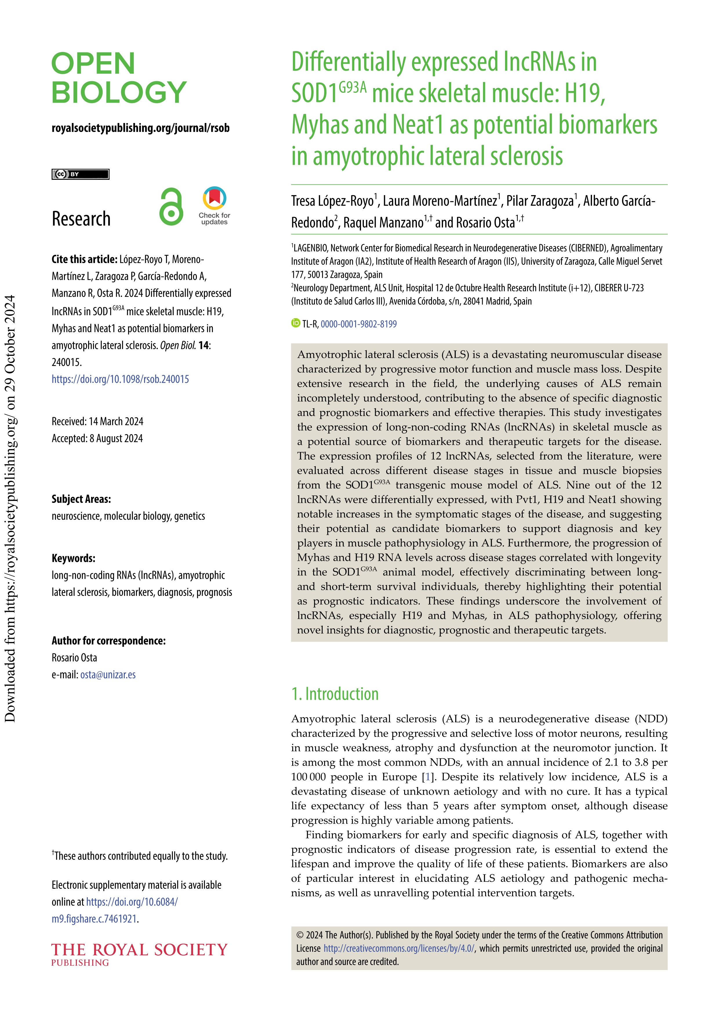 Differentially expressed lncRNAs in SOD1G93A mice skeletal muscle: H19, Myhas and Neat1 as potential biomarkers in amyotrophic later