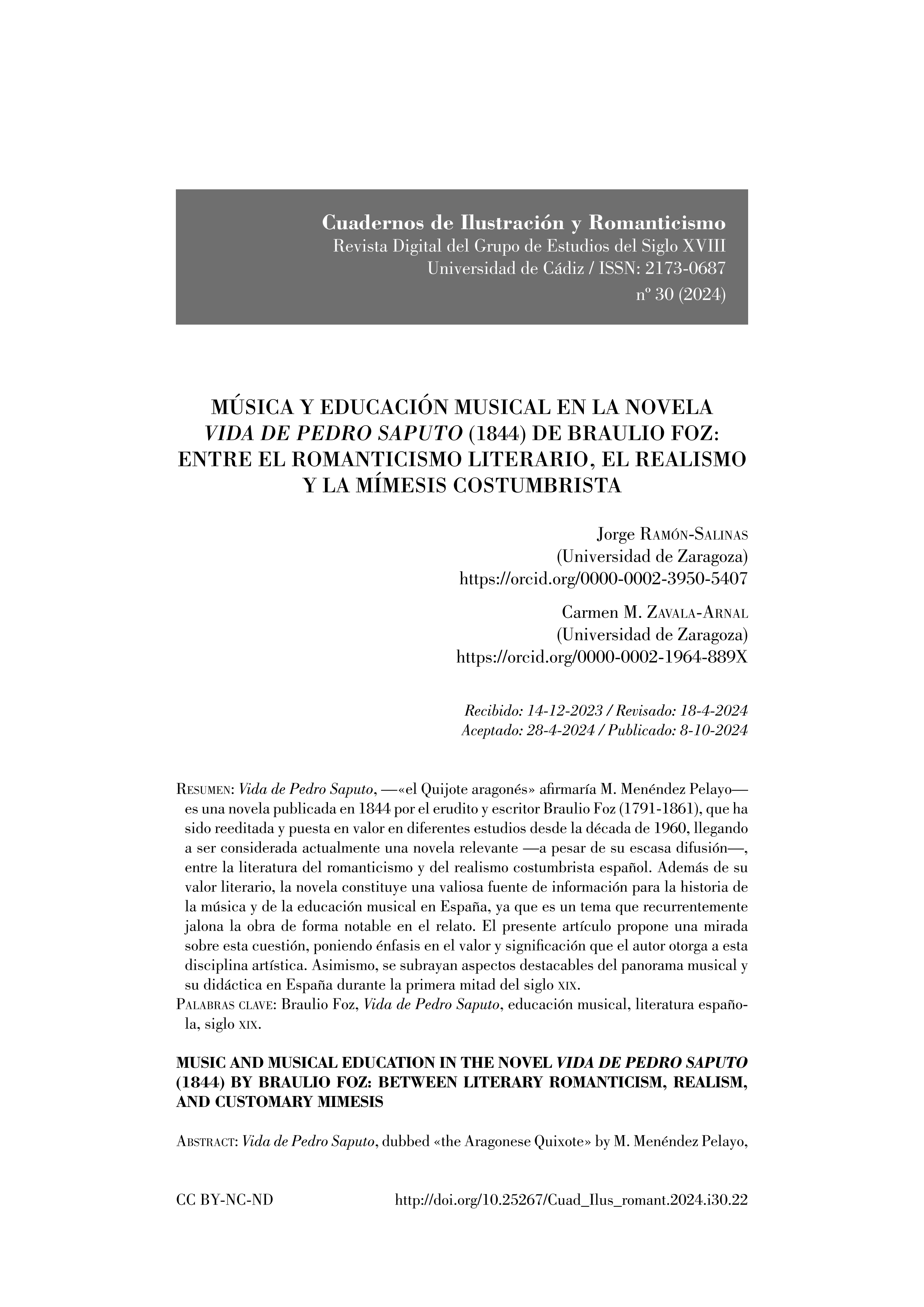 Música y educación musical en la novela Vida de Pedro Saputo (1844) de Braulio Foz: entre el Romanticismo literario, el realismo y la mímesis costumbrista