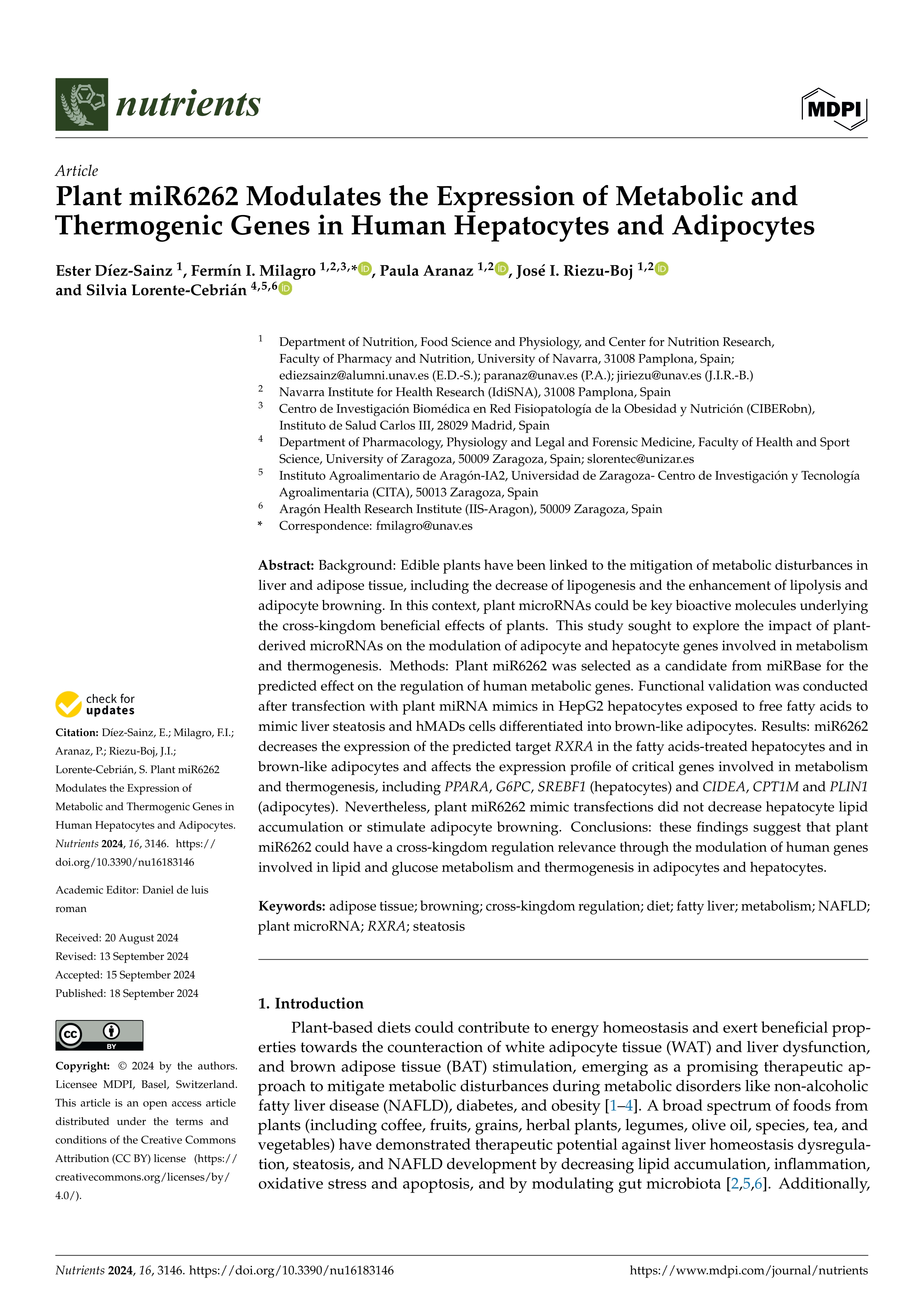 Plant miR6262 Modulates the Expression of Metabolic and Thermogenic Genes in Human Hepatocytes and Adipocytes